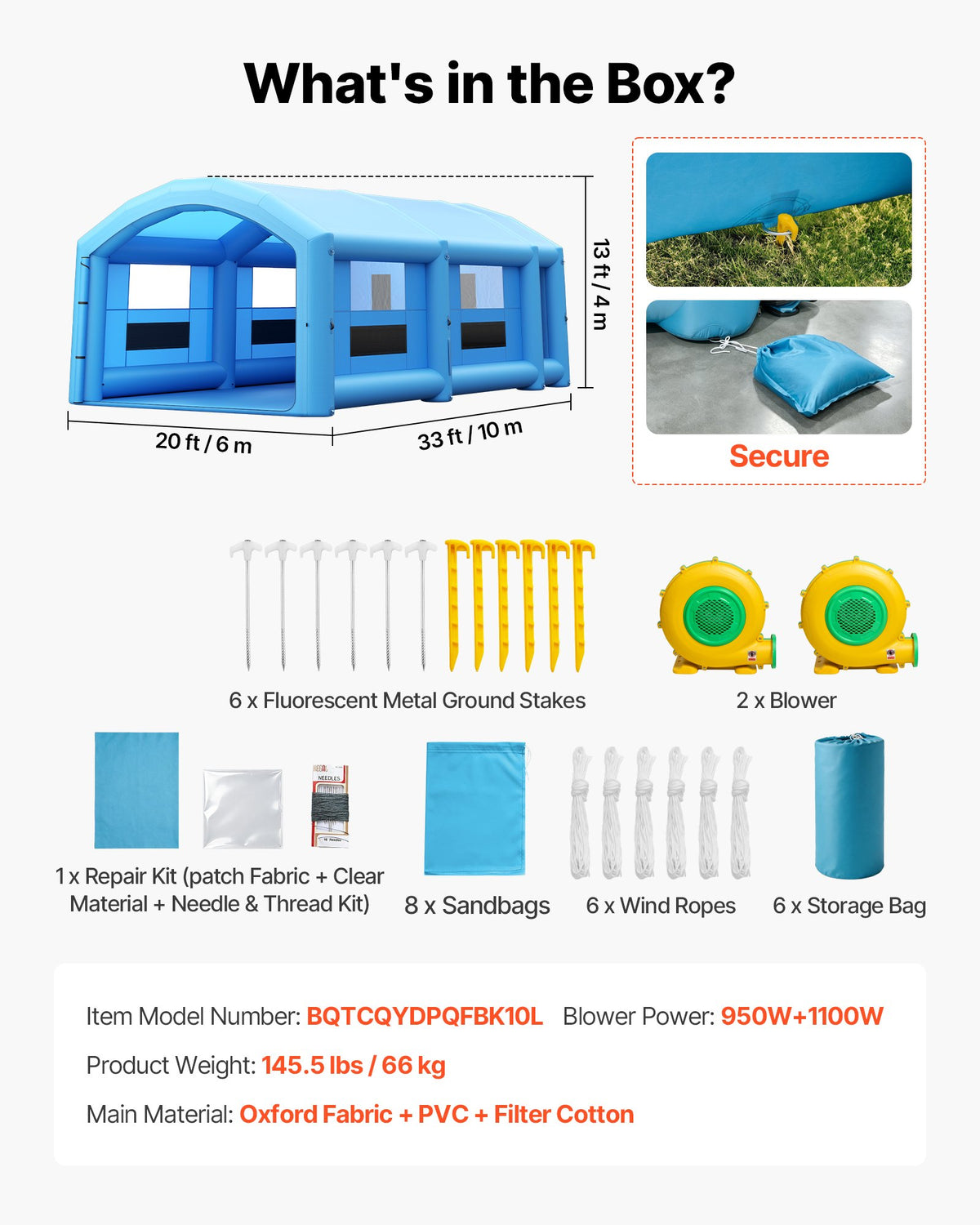 VEVOR Inflatable Paint Booth, 33 x 20 x 13 ft, Portable Spray Booth with 950W+1100W Blowers, Large Filter Cotton, Changing Area, Arched Roof Painting Tent for Full-Size Pickup Truck, Small Speedboat - CQSPQFYGJF3394QHS001V1 - view 8