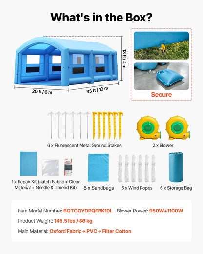 VEVOR Inflatable Paint Booth, 33 x 20 x 13 ft, Portable Spray Booth with 950W+1100W Blowers, Large Filter Cotton, Changing Area, Arched Roof Painting Tent for Full-Size Pickup Truck, Small Speedboat - CQSPQFYGJF3394QHS001V1 - view 8