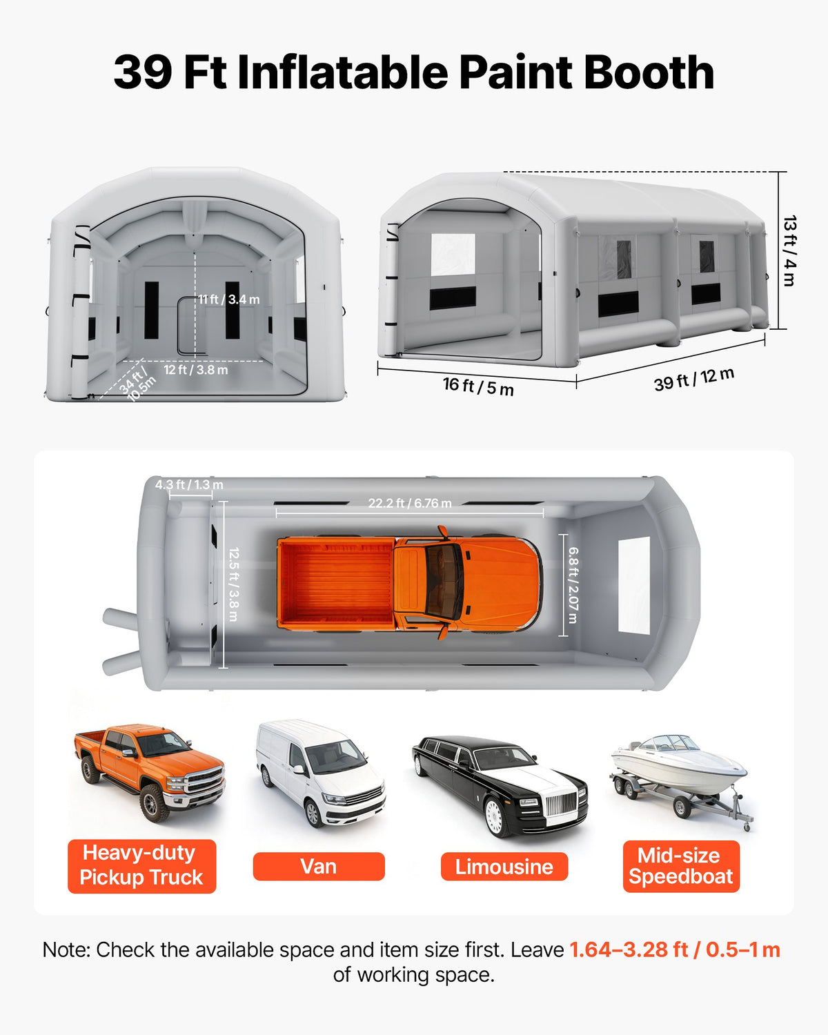 VEVOR Inflatable Paint Booth, 39 x 16 x 13 ft, Portable Spray Booth with 950W+1100W Blowers, Large Filter Cotton, Changing Area, Arched Roof Painting Tent for Heavy-Duty Pickup Truck and Van, Gray - CQSPQFYGJF39ICLZI001V1 - view 3