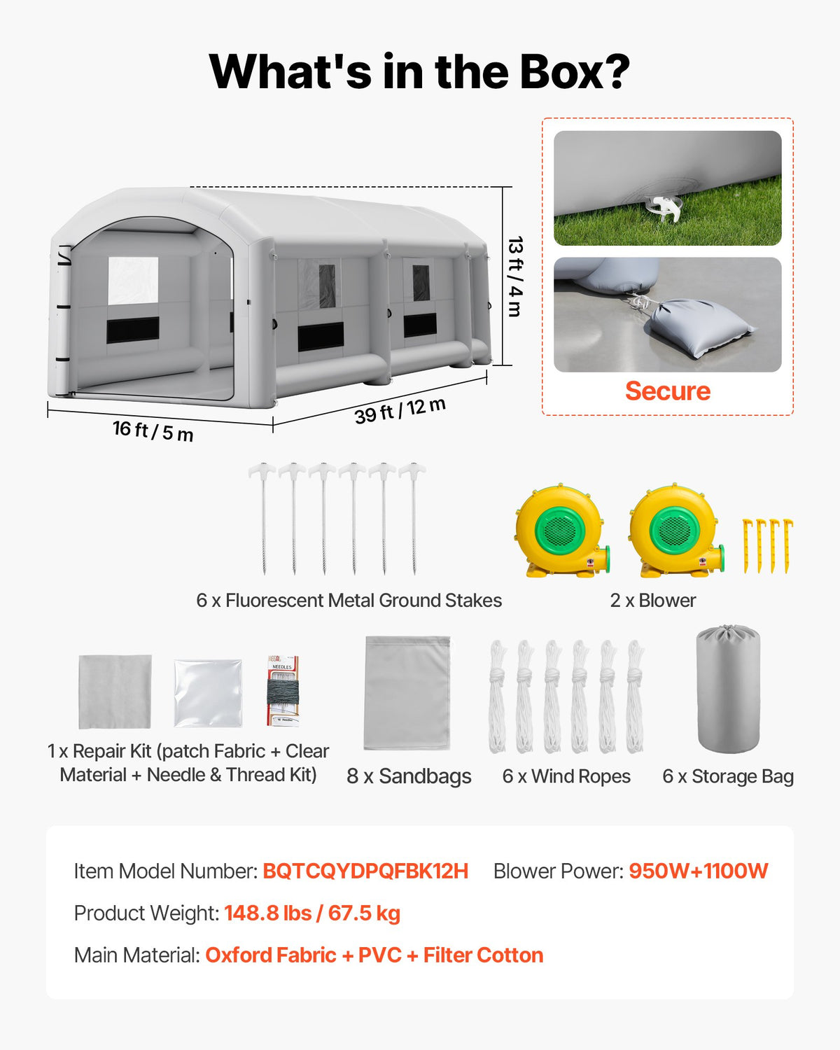 VEVOR Inflatable Paint Booth, 39 x 16 x 13 ft, Portable Spray Booth with 950W+1100W Blowers, Large Filter Cotton, Changing Area, Arched Roof Painting Tent for Heavy-Duty Pickup Truck and Van, Gray - CQSPQFYGJF39ICLZI001V1 - view 8