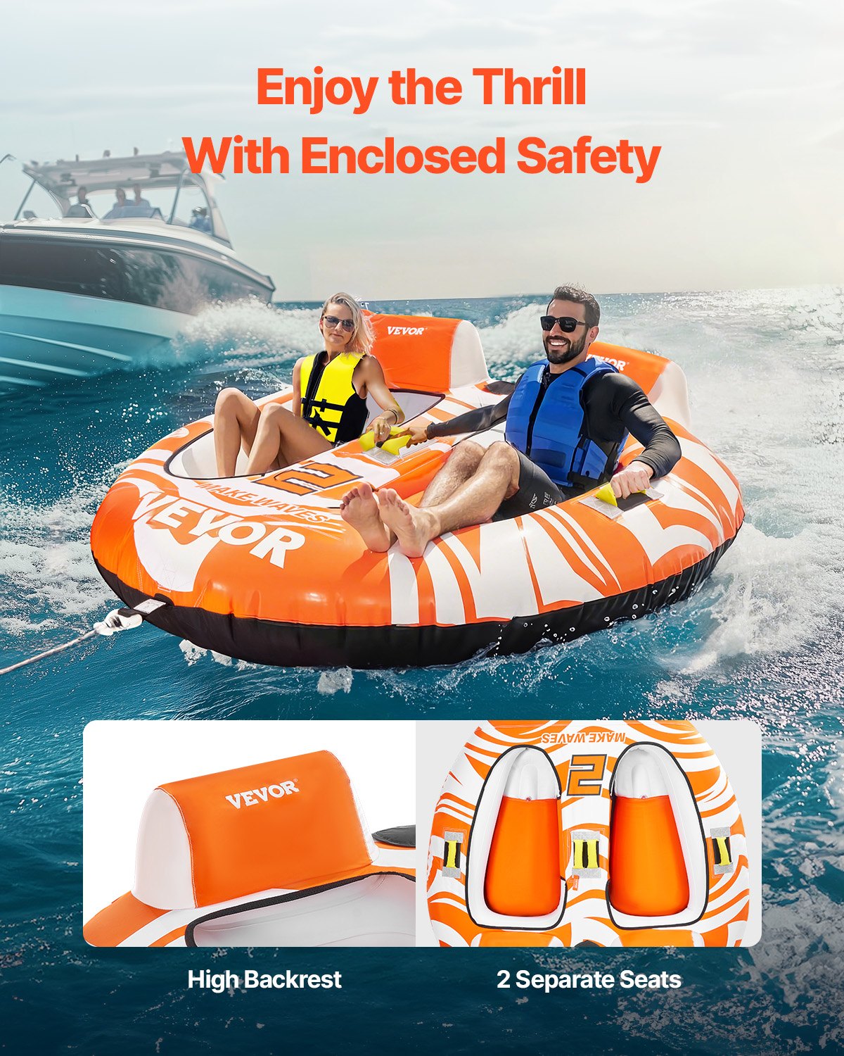 VEVOR Towable Tubes for Boating 2 Person, Inflatable Boat Tubes and Towables with 2 Cockpits, 340lbs Water Sport Tubes for Boat to Pull - with 840D Full Nylon Cover, Padded Grab Handles & Safety Valve - CQTL2MTT2R00JOEO4V0 - view 3