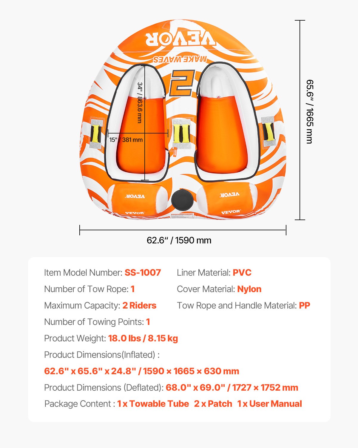 VEVOR Towable Tubes for Boating 2 Person, Inflatable Boat Tubes and Towables with 2 Cockpits, 340lbs Water Sport Tubes for Boat to Pull - with 840D Full Nylon Cover, Padded Grab Handles & Safety Valve - CQTL2MTT2R00JOEO4V0 - view 8