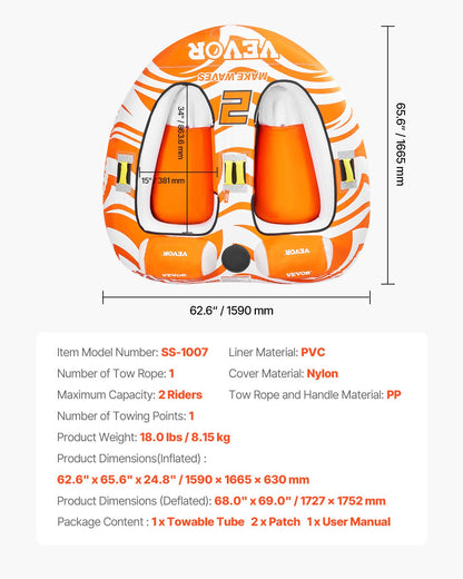 VEVOR Towable Tubes for Boating 2 Person, Inflatable Boat Tubes and Towables with 2 Cockpits, 340lbs Water Sport Tubes for Boat to Pull - with 840D Full Nylon Cover, Padded Grab Handles & Safety Valve - CQTL2MTT2R00JOEO4V0 - view 8