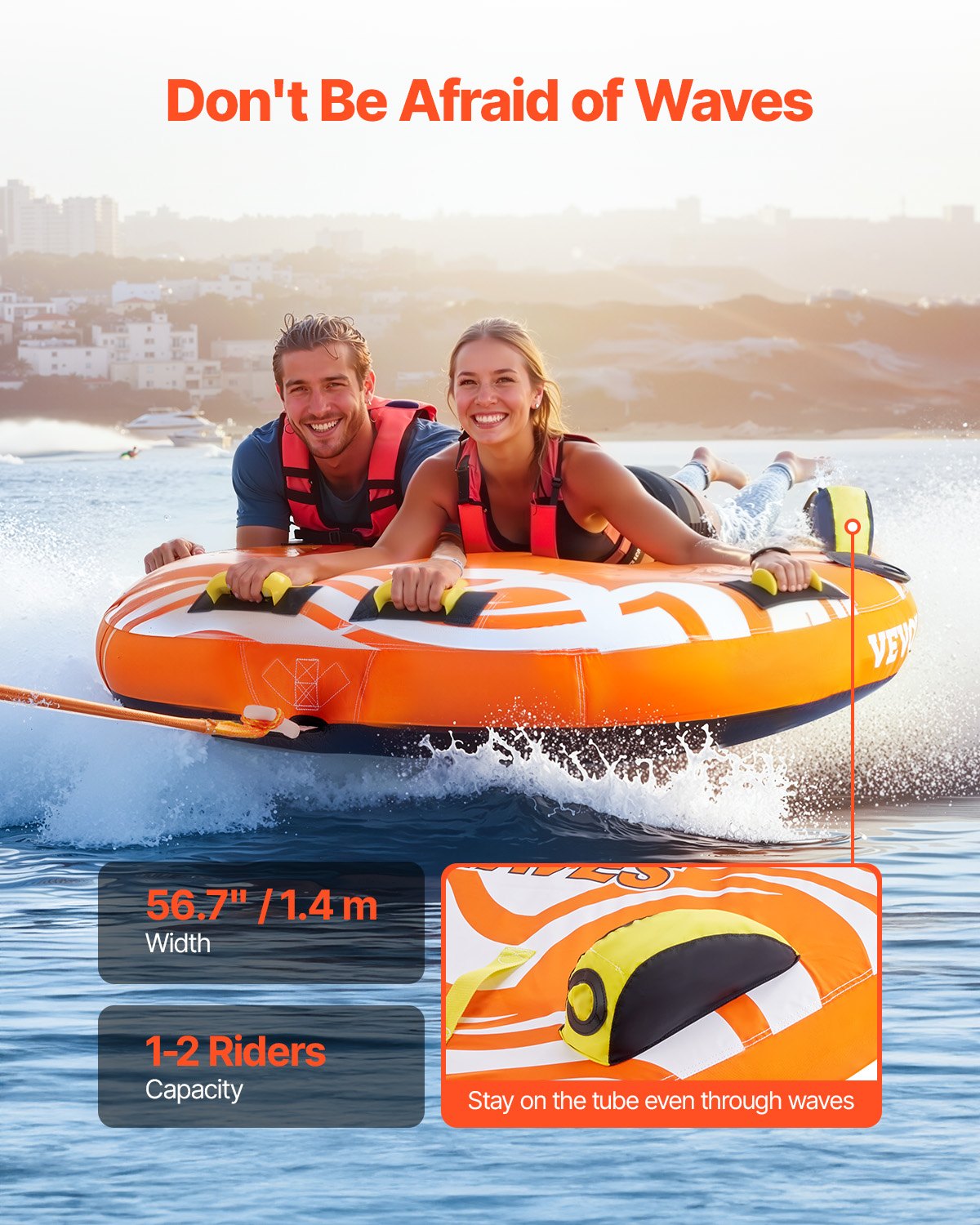 VEVOR Towable Tubes for Boating, 1-2 Riders Inflatable Towable Tube for Boat to Pull, 340lbs Capacity Boat Tubes and Towables for Water Sports - with Fins, Double-Stitched Nylon Cover & Padded Handles - CQTL2PDDX2R0W0X83V0 - view 3