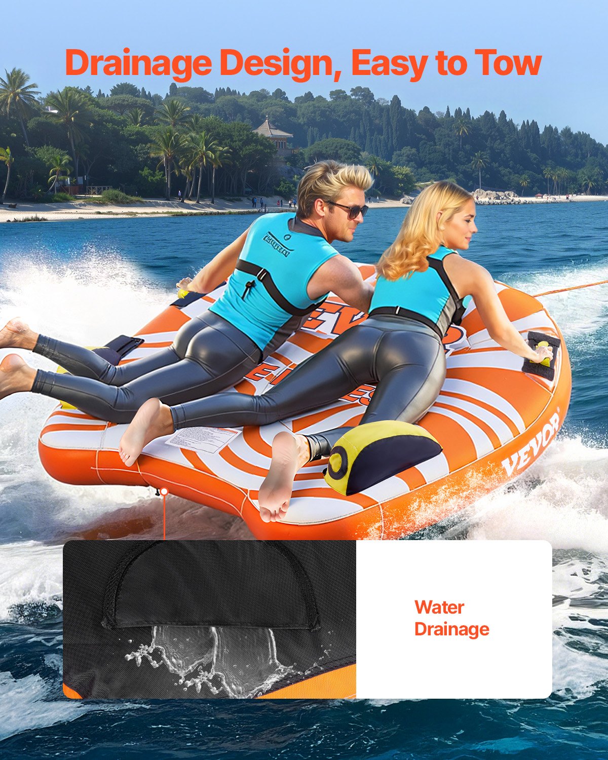 VEVOR Towable Tubes for Boating, 1-2 Riders Inflatable Towable Tube for Boat to Pull, 340lbs Capacity Boat Tubes and Towables for Water Sports - with Fins, Double-Stitched Nylon Cover & Padded Handles - CQTL2PDDX2R0W0X83V0 - view 7