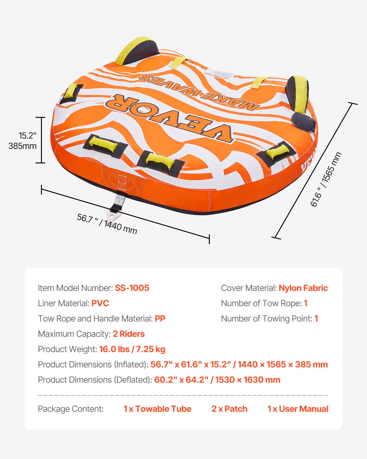 VEVOR Towable Tubes for Boating, 1-2 Riders Inflatable Towable Tube for Boat to Pull, 340lbs Capacity Boat Tubes and Towables for Water Sports - with Fins, Double-Stitched Nylon Cover & Padded Handles - CQTL2PDDX2R0W0X83V0 - view 8