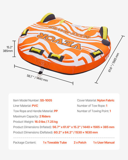 VEVOR Towable Tubes for Boating, 1-2 Riders Inflatable Towable Tube for Boat to Pull, 340lbs Capacity Boat Tubes and Towables for Water Sports - with Fins, Double-Stitched Nylon Cover & Padded Handles - CQTL2PDDX2R0W0X83V0 - view 8