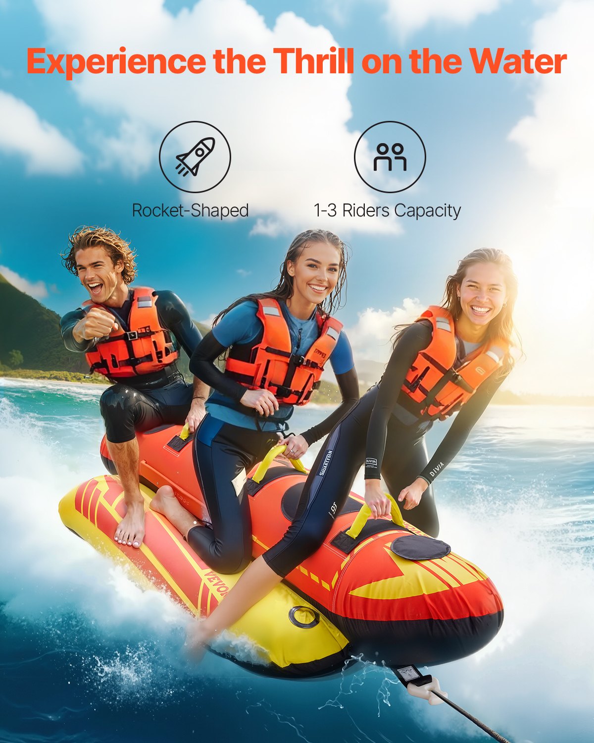 VEVOR Towable Tubes for Boating, 1-3 Riders Inflatable Boat Tubes and Towables, 510lbs Capacity Hot Dog Water Sport Tube for Boat to Pull - with Full Nylon Cover, Padded Handles & Speed Safety Valve - CQTL2QXK3R00F85JVV0 - view 3