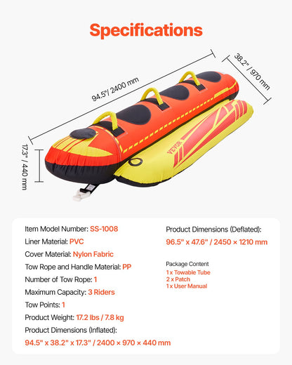 VEVOR Towable Tubes for Boating, 1-3 Riders Inflatable Boat Tubes and Towables, 510lbs Capacity Hot Dog Water Sport Tube for Boat to Pull - with Full Nylon Cover, Padded Handles & Speed Safety Valve - CQTL2QXK3R00F85JVV0 - view 8