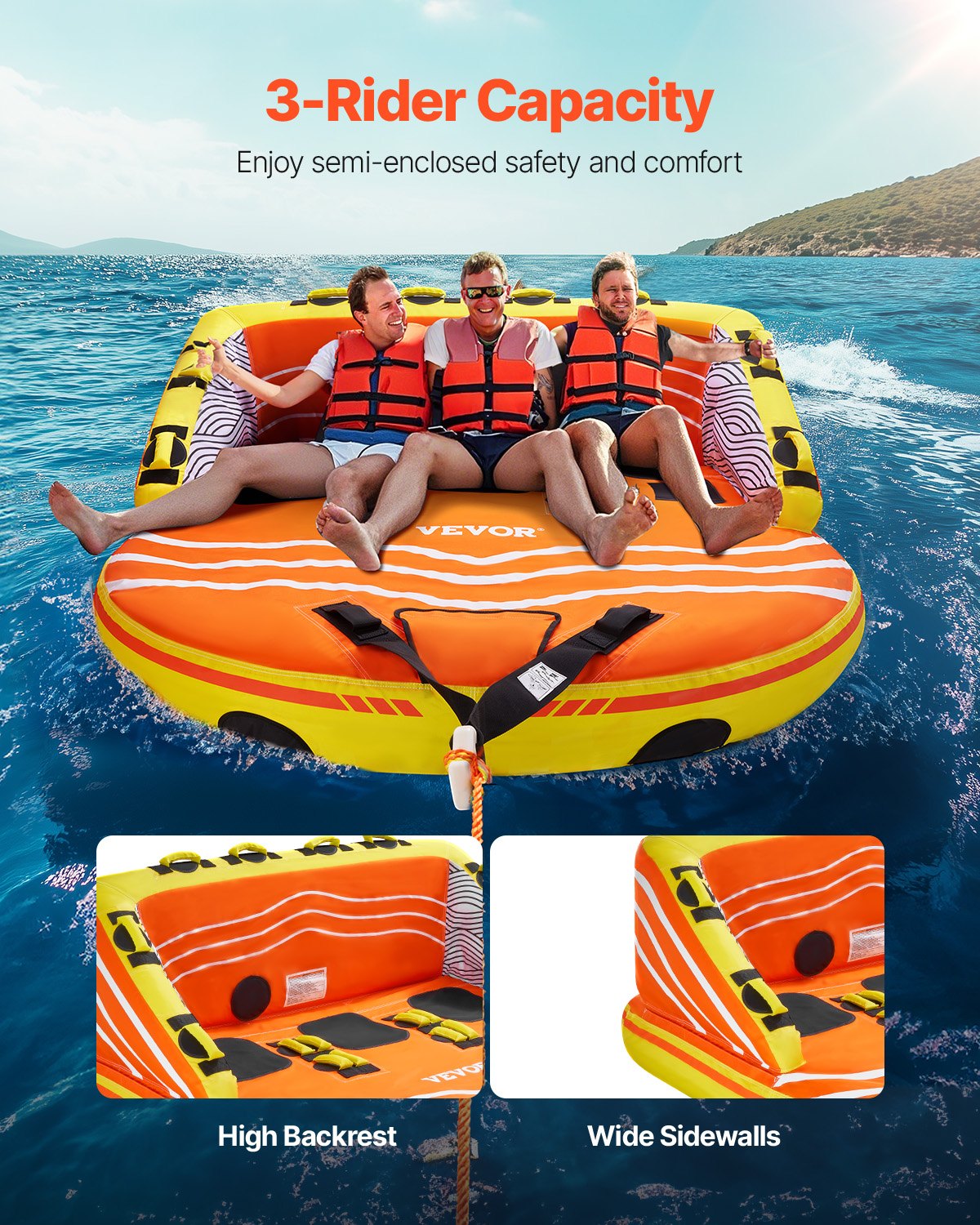 VEVOR Towable Tube for Boating, 1-3 Riders Inflatable Boat Tubes and Towables, 510lbs Water Sport Towable Tube for Boat to Pull - with Full Nylon Cover, 16 Grab Handles, Dual Tow Points & Safety Valve - CQTL2SFDX3R0W43OPV0 - view 3