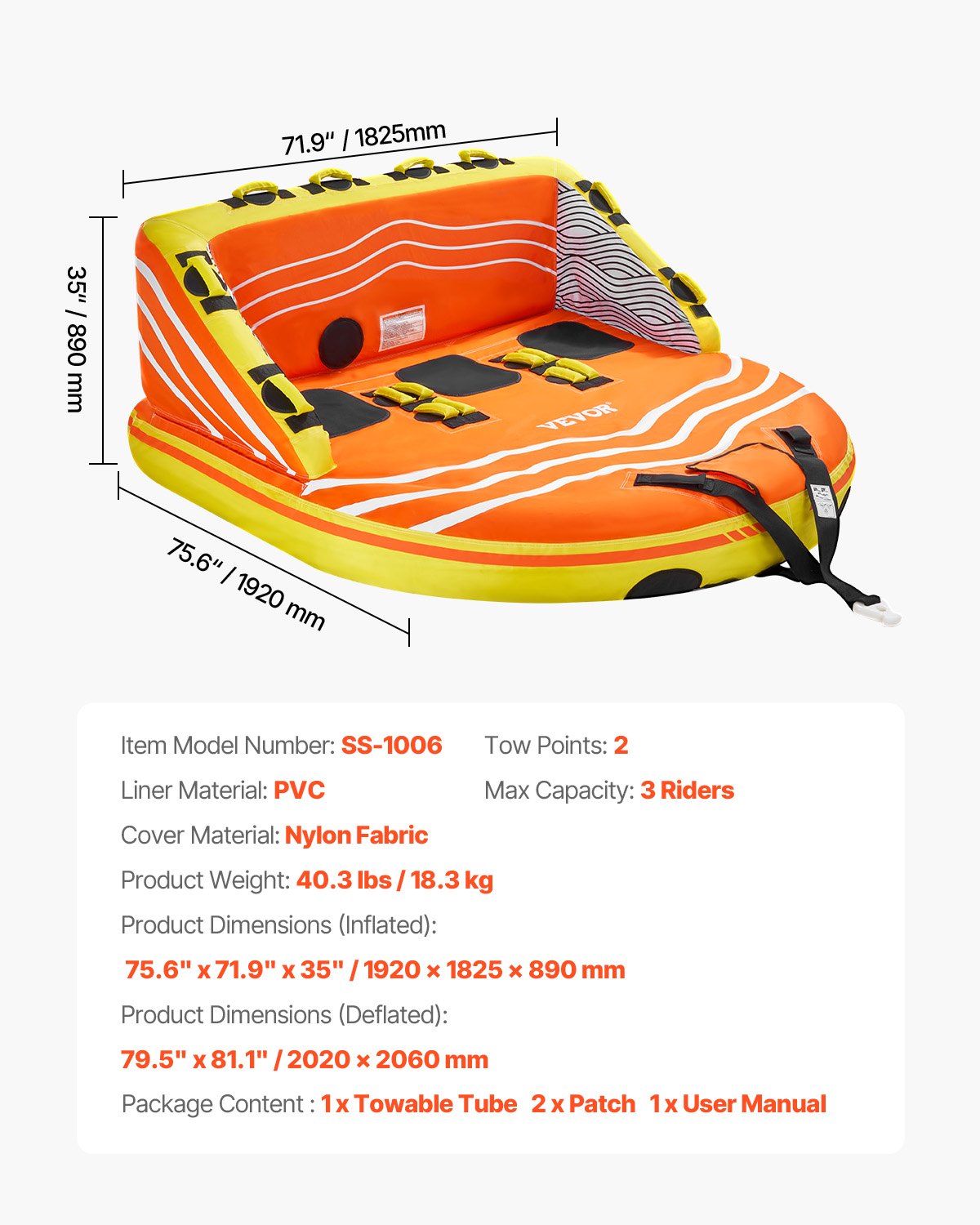 VEVOR Towable Tube for Boating, 1-3 Riders Inflatable Boat Tubes and Towables, 510lbs Water Sport Towable Tube for Boat to Pull - with Full Nylon Cover, 16 Grab Handles, Dual Tow Points & Safety Valve - CQTL2SFDX3R0W43OPV0 - view 8
