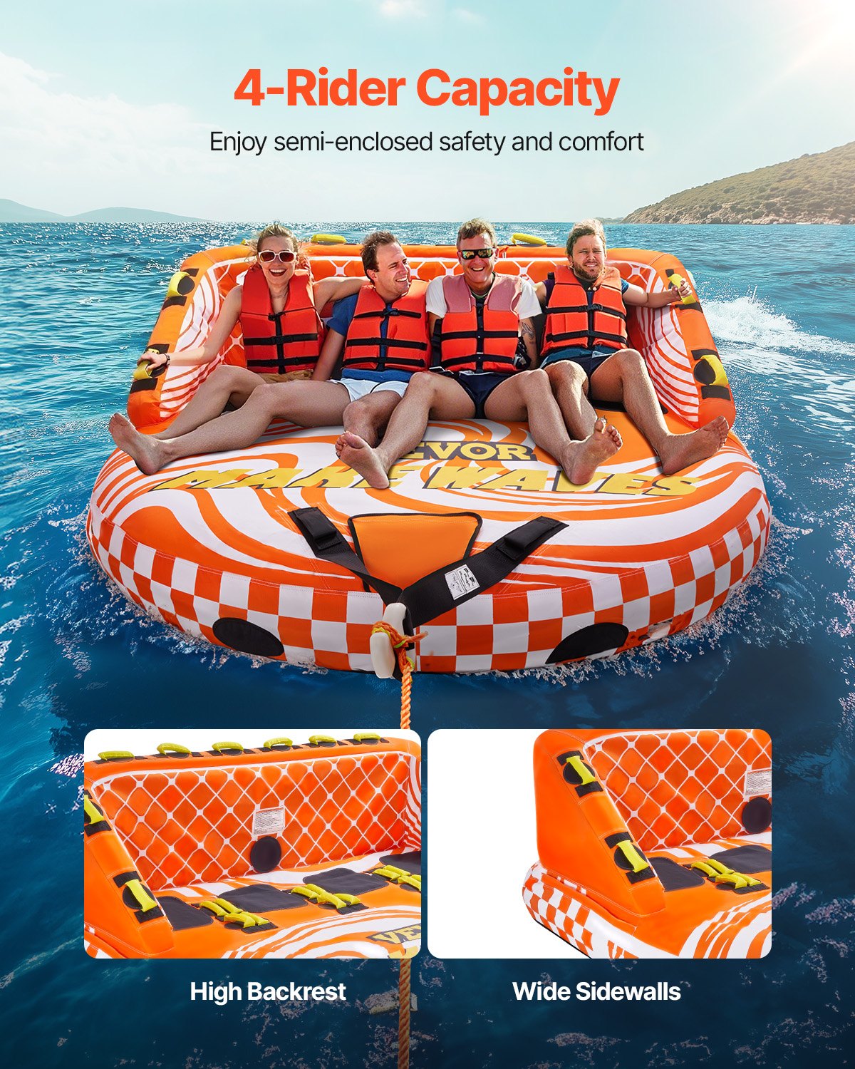 VEVOR Towable Tube for Boating, 1-4 Riders Inflatable Boat Tubes and Towables, 680lbs Water Sport Towable Tube for Boat to Pull - with Full Nylon Cover, 22 Grab Handles, Dual Tow Points & Safety Valve - CQTL2SFDX4R0TI58EV0 - view 3
