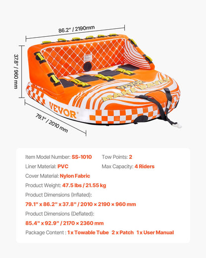 VEVOR Towable Tube for Boating, 1-4 Riders Inflatable Boat Tubes and Towables, 680lbs Water Sport Towable Tube for Boat to Pull - with Full Nylon Cover, 22 Grab Handles, Dual Tow Points & Safety Valve - CQTL2SFDX4R0TI58EV0 - view 8