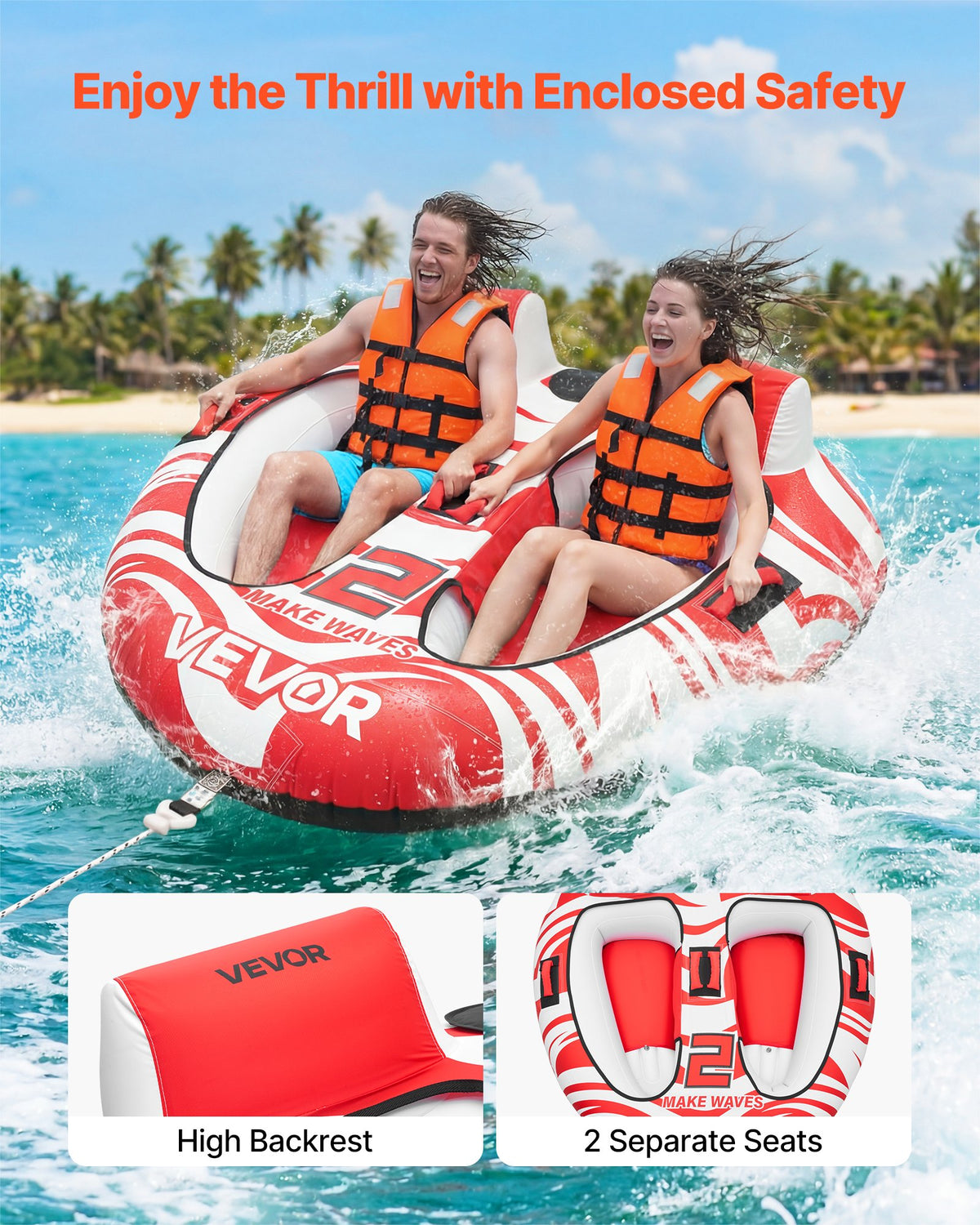 VEVOR Towable Tubes for Boating, 2-Rider Inflatable Boat Tubes and Towables, 340 lbs Capacity Water Sport Tubes for Boat to Pull - with 2 Cockpits, Full Nylon Cover, Padded Grab Handles & Safety Valve - CQTL3MTT2RHSOC2DH001V0 - view 3