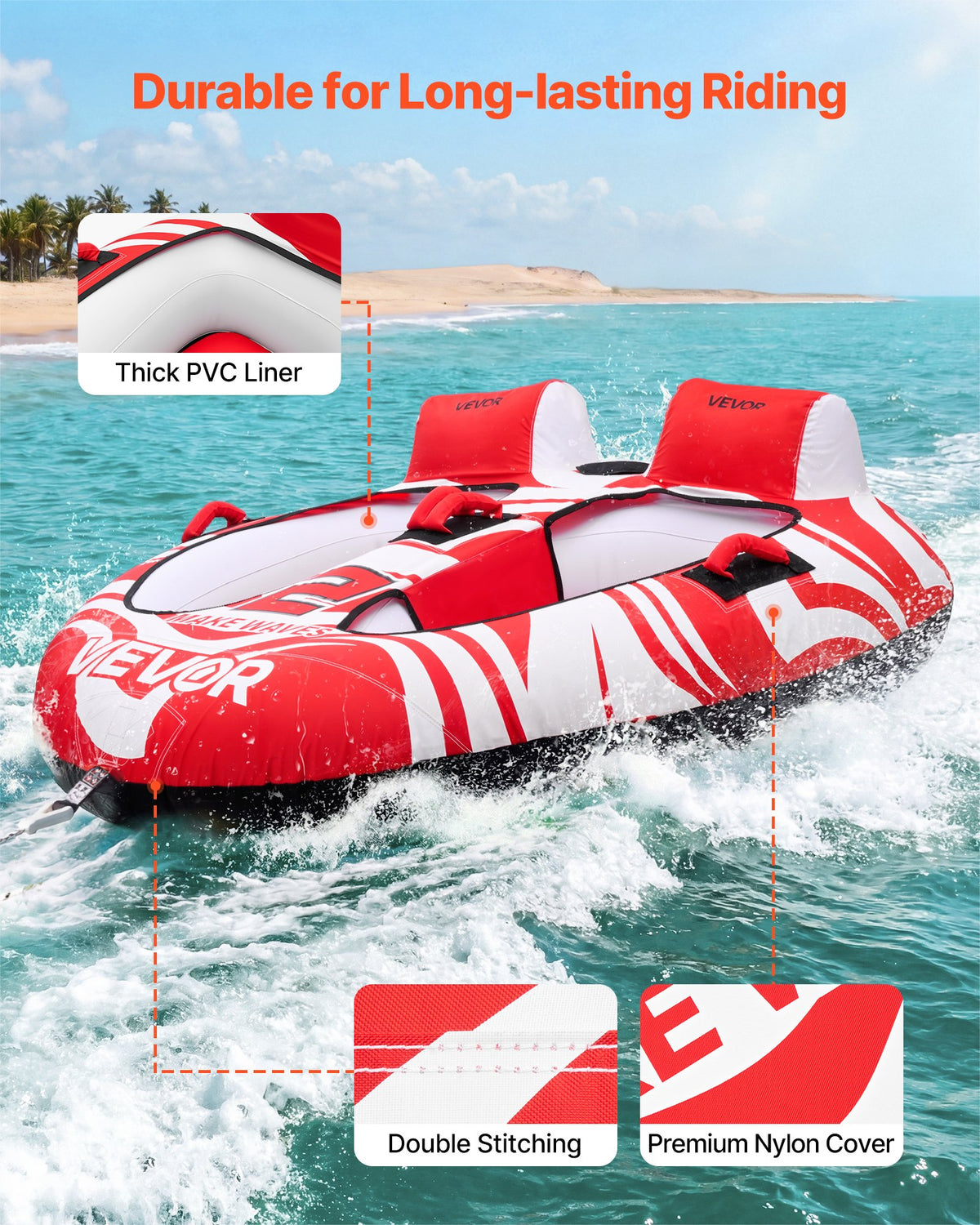 VEVOR Towable Tubes for Boating, 2-Rider Inflatable Boat Tubes and Towables, 340 lbs Capacity Water Sport Tubes for Boat to Pull - with 2 Cockpits, Full Nylon Cover, Padded Grab Handles & Safety Valve - CQTL3MTT2RHSOC2DH001V0 - view 4