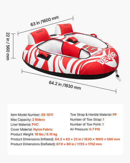 VEVOR Towable Tubes for Boating, 2-Rider Inflatable Boat Tubes and Towables, 340 lbs Capacity Water Sport Tubes for Boat to Pull - with 2 Cockpits, Full Nylon Cover, Padded Grab Handles & Safety Valve - CQTL3MTT2RHSOC2DH001V0 - view 8