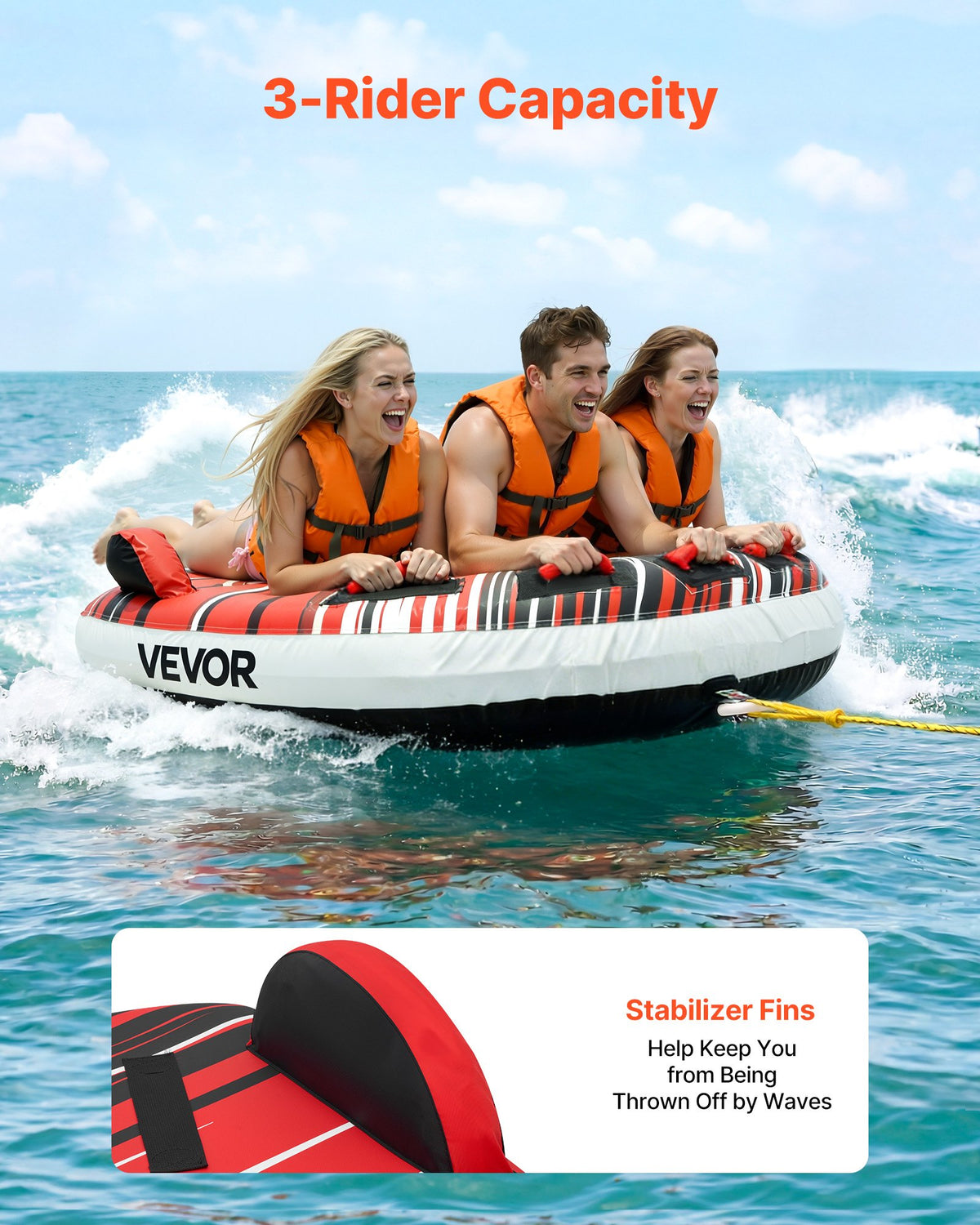 VEVOR Towable Tube for Boating, 3 Riders Inflatable Boat Tubes and Towables, 510 lbs Capacity Water Sport Towable Tube for Boat to Pull - with Fins, Full Nylon Cover, Padded Handles & Safety Valve - CQTL3PDDX3RH9FY22001V0 - view 3