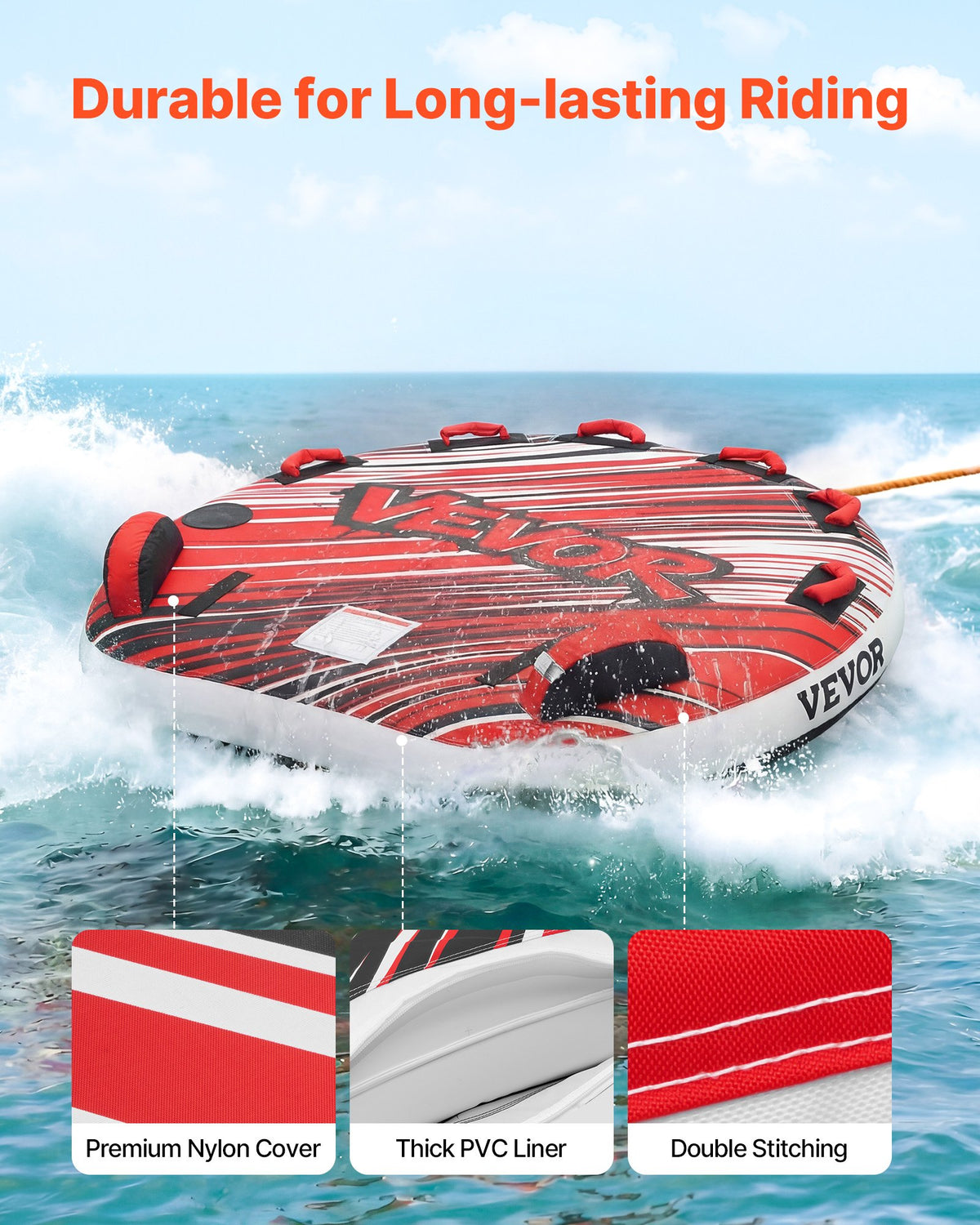 VEVOR Towable Tube for Boating, 3 Riders Inflatable Boat Tubes and Towables, 510 lbs Capacity Water Sport Towable Tube for Boat to Pull - with Fins, Full Nylon Cover, Padded Handles & Safety Valve - CQTL3PDDX3RH9FY22001V0 - view 4