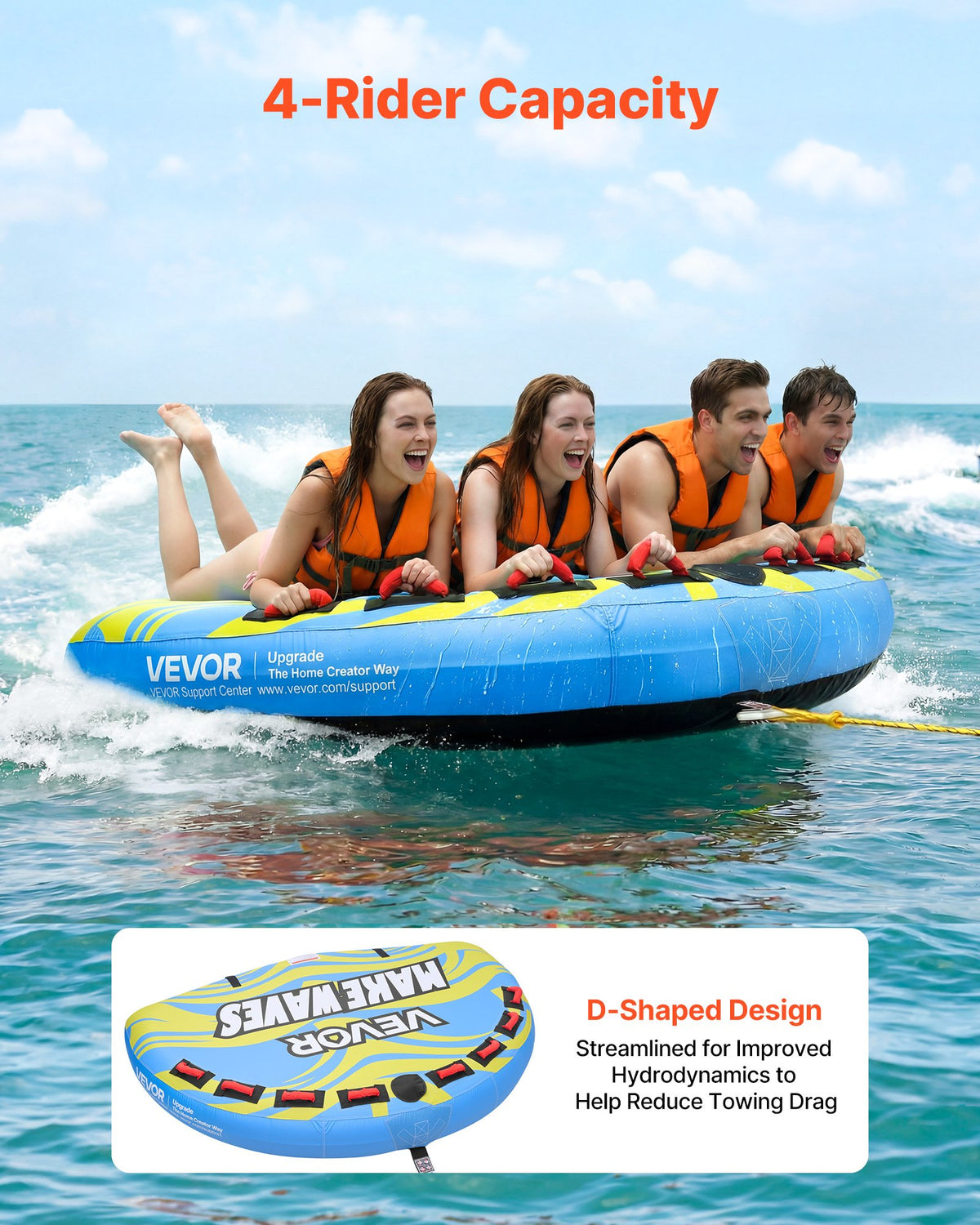 VEVOR Towable Tube for Boating, 4 Riders Inflatable Boat Tubes and Towables, 680 lbs Capacity Water Sport Towable Tube for Boat to Pull - with Fins, Full Nylon Cover, Padded Handles & Safety Valve - CQTL3PDDX4RLW7LSO001V0 - view 3