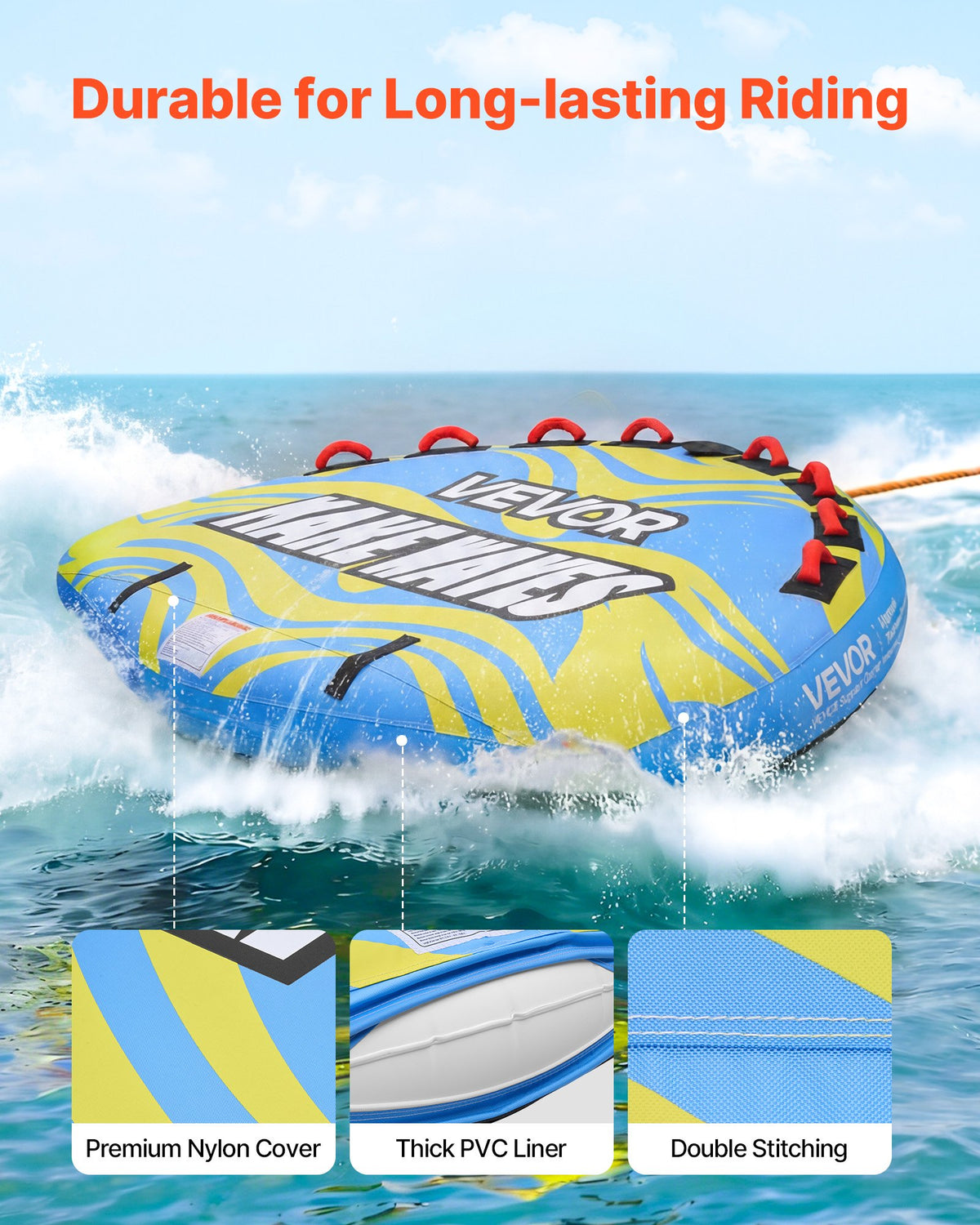 VEVOR Towable Tube for Boating, 4 Riders Inflatable Boat Tubes and Towables, 680 lbs Capacity Water Sport Towable Tube for Boat to Pull - with Fins, Full Nylon Cover, Padded Handles & Safety Valve - CQTL3PDDX4RLW7LSO001V0 - view 4