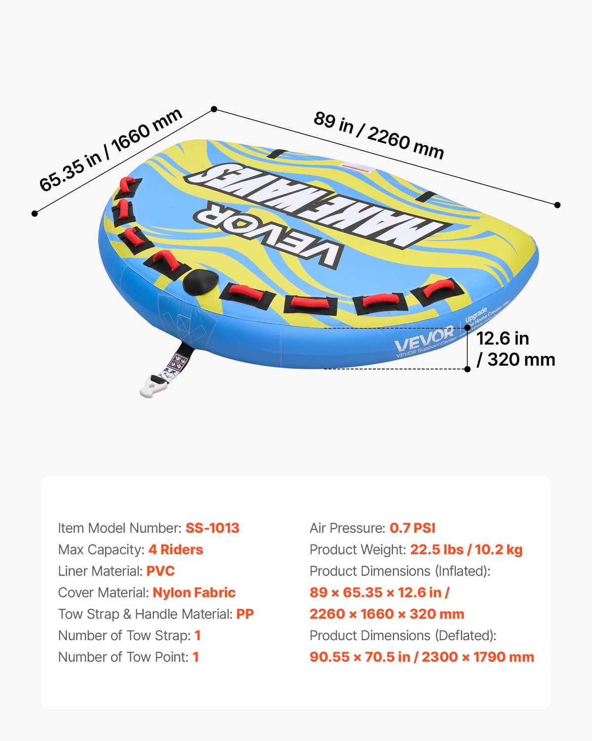 VEVOR Towable Tube for Boating, 4 Riders Inflatable Boat Tubes and Towables, 680 lbs Capacity Water Sport Towable Tube for Boat to Pull - with Fins, Full Nylon Cover, Padded Handles & Safety Valve - CQTL3PDDX4RLW7LSO001V0 - view 8