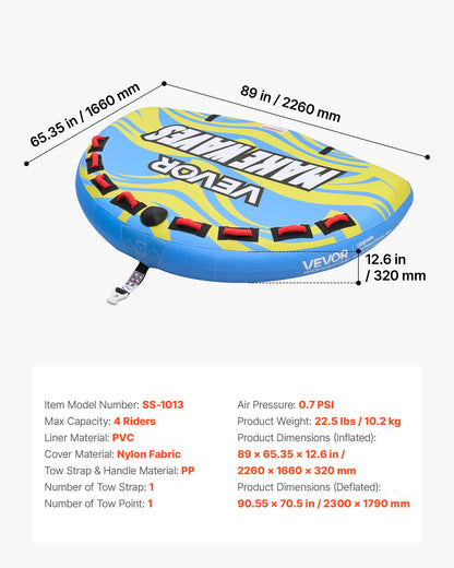 VEVOR Towable Tube for Boating, 4 Riders Inflatable Boat Tubes and Towables, 680 lbs Capacity Water Sport Towable Tube for Boat to Pull - with Fins, Full Nylon Cover, Padded Handles & Safety Valve - CQTL3PDDX4RLW7LSO001V0 - view 8