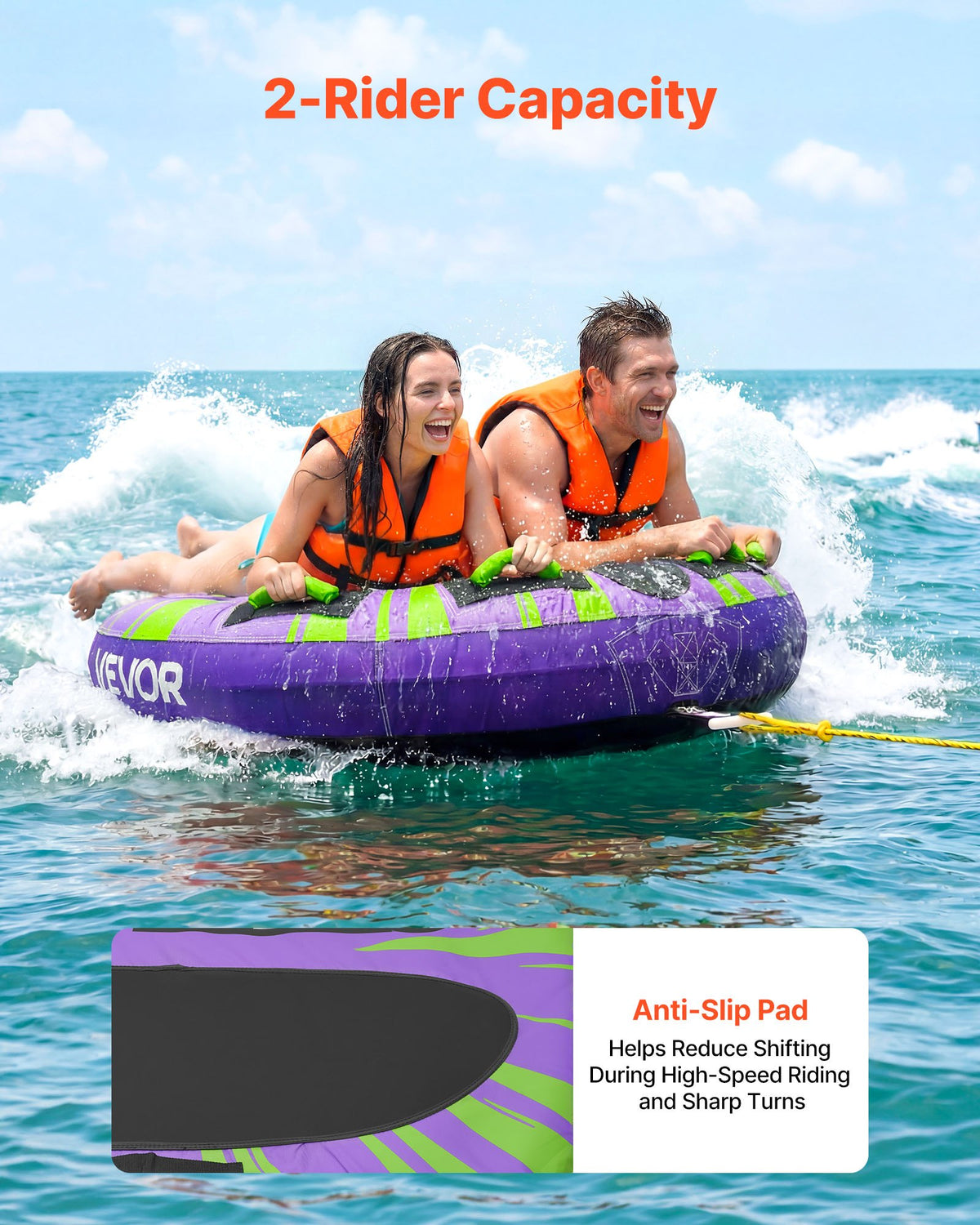 VEVOR Towable Tubes for Boating, 2-Rider Inflatable Boat Tubes and Towables, 340lbs Capacity Water Sport Tube for Boat to Pull - with Anti-Slip Pad, Full Nylon Cover, Padded Handles & Safety Valve - CQTL3PDYX2RL6L42A001V0 - view 3