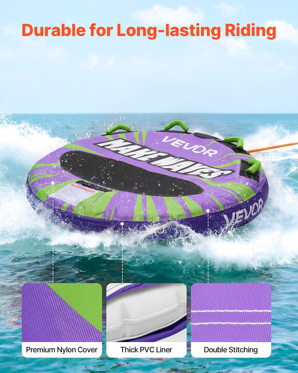 VEVOR Towable Tubes for Boating, 2-Rider Inflatable Boat Tubes and Towables, 340lbs Capacity Water Sport Tube for Boat to Pull - with Anti-Slip Pad, Full Nylon Cover, Padded Handles & Safety Valve - CQTL3PDYX2RL6L42A001V0 - view 4