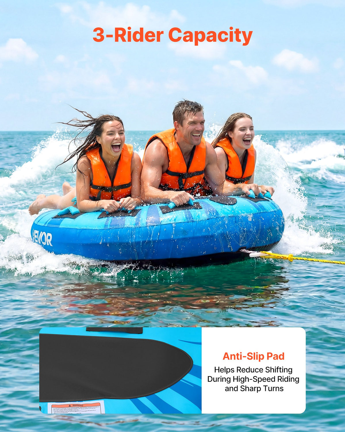 VEVOR Towable Tubes for Boating, 3-Rider Inflatable Boat Tubes and Towables, 510lbs Capacity Water Sport Tube for Boat to Pull - with Anti-Slip Pad, Full Nylon Cover, Padded Handles & Safety Valve - CQTL3PDYX3RL4S4TK001V0 - view 3