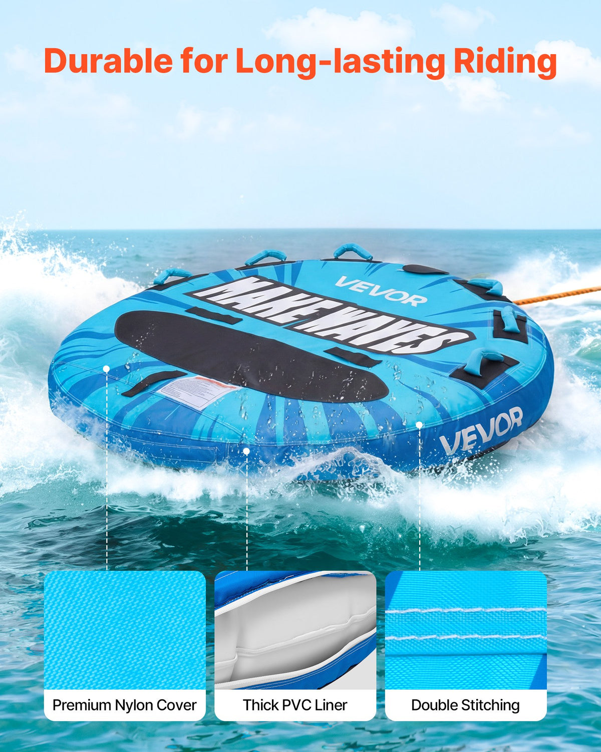 VEVOR Towable Tubes for Boating, 3-Rider Inflatable Boat Tubes and Towables, 510lbs Capacity Water Sport Tube for Boat to Pull - with Anti-Slip Pad, Full Nylon Cover, Padded Handles & Safety Valve - CQTL3PDYX3RL4S4TK001V0 - view 4