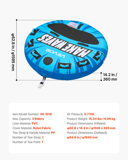 VEVOR Towable Tubes for Boating, 3-Rider Inflatable Boat Tubes and Towables, 510lbs Capacity Water Sport Tube for Boat to Pull - with Anti-Slip Pad, Full Nylon Cover, Padded Handles & Safety Valve - CQTL3PDYX3RL4S4TK001V0 - view 8