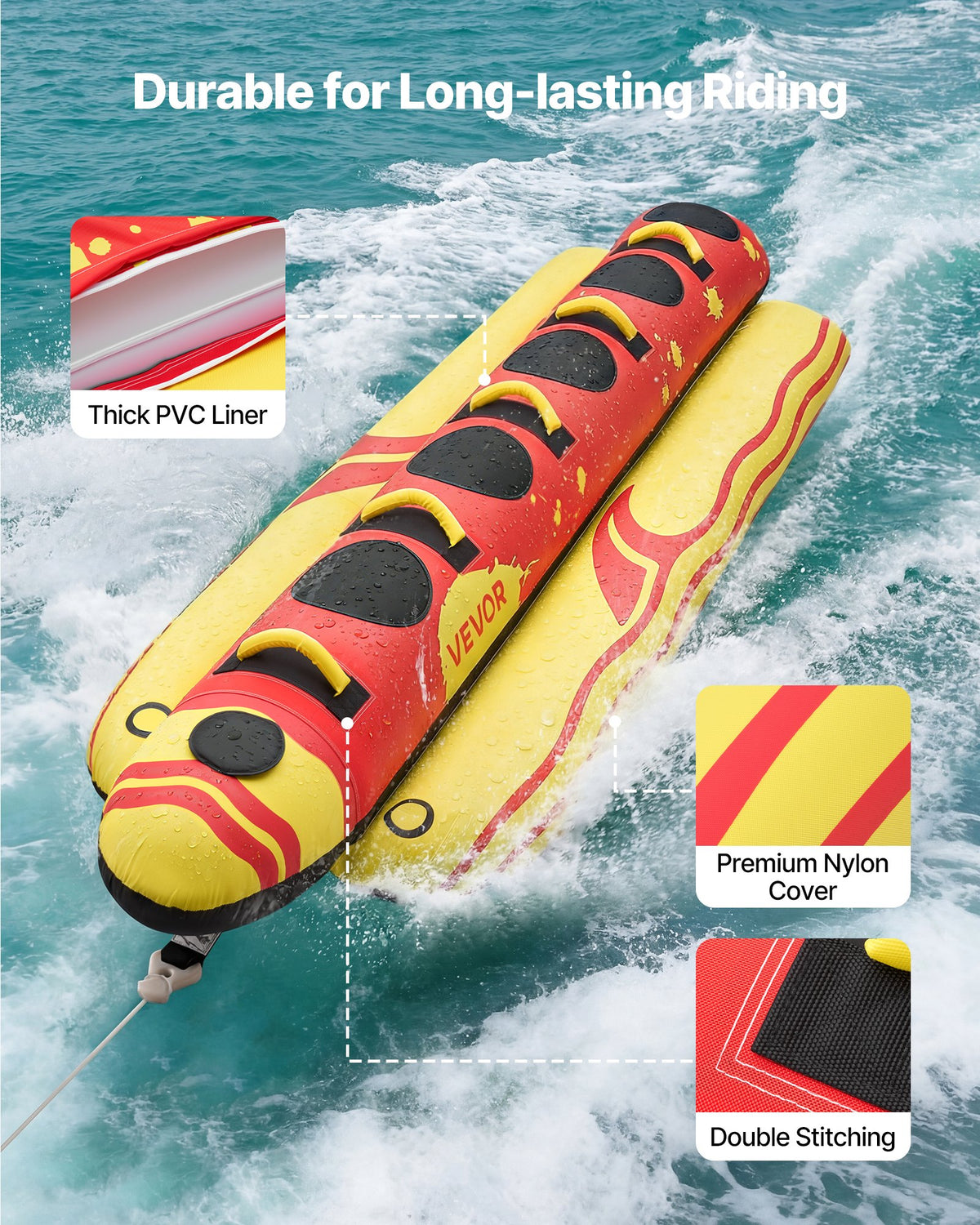 VEVOR Towable Tubes for Boating, 5 Riders Inflatable Boat Tubes and Towables, 850 lbs Capacity Water Sport Tube for Boat to Pull - with Full Nylon Cover, Padded Grip Handles & Safety Valve - CQTL3QXK5RHS7R40T001V0 - view 4