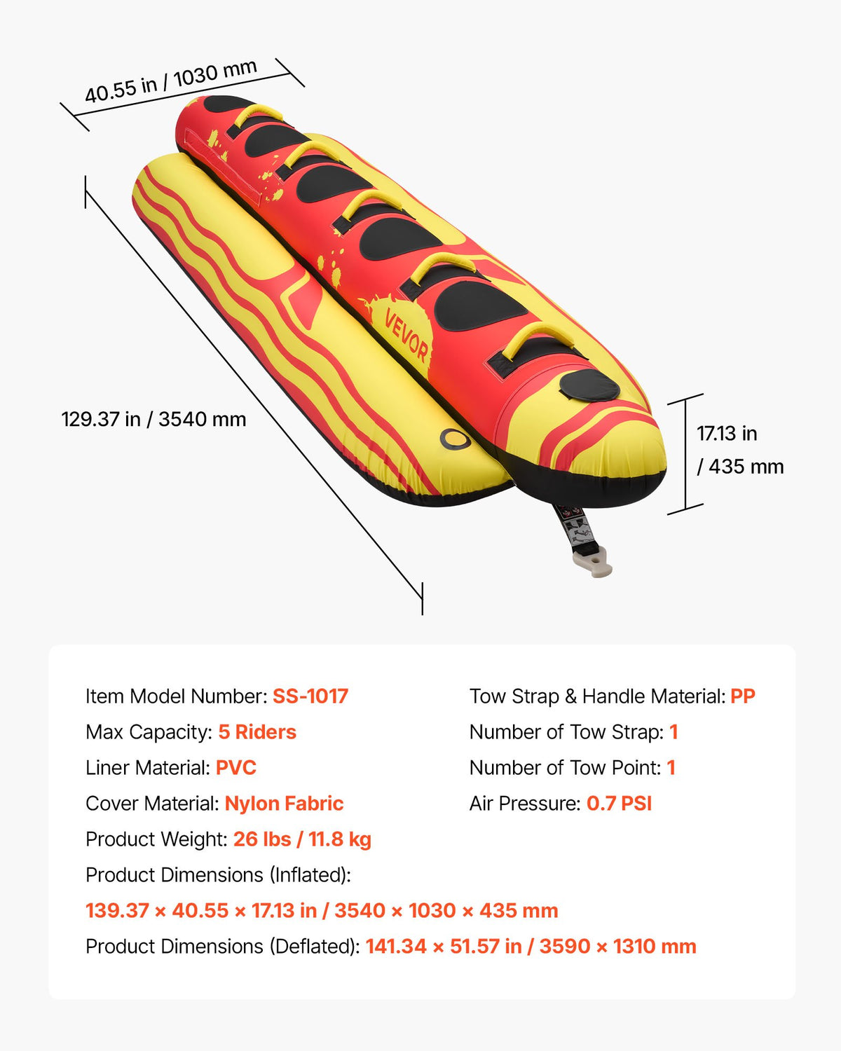 VEVOR Towable Tubes for Boating, 5 Riders Inflatable Boat Tubes and Towables, 850 lbs Capacity Water Sport Tube for Boat to Pull - with Full Nylon Cover, Padded Grip Handles & Safety Valve - CQTL3QXK5RHS7R40T001V0 - view 8
