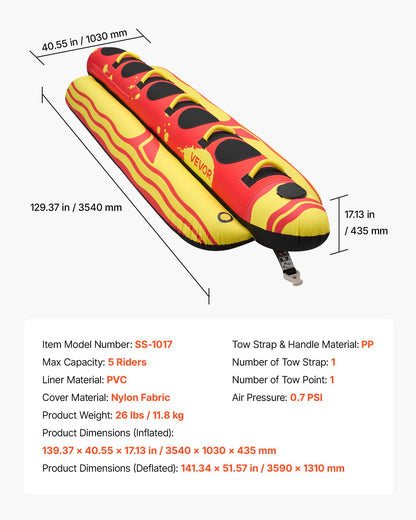 VEVOR Towable Tubes for Boating, 5 Riders Inflatable Boat Tubes and Towables, 850 lbs Capacity Water Sport Tube for Boat to Pull - with Full Nylon Cover, Padded Grip Handles & Safety Valve - CQTL3QXK5RHS7R40T001V0 - view 8