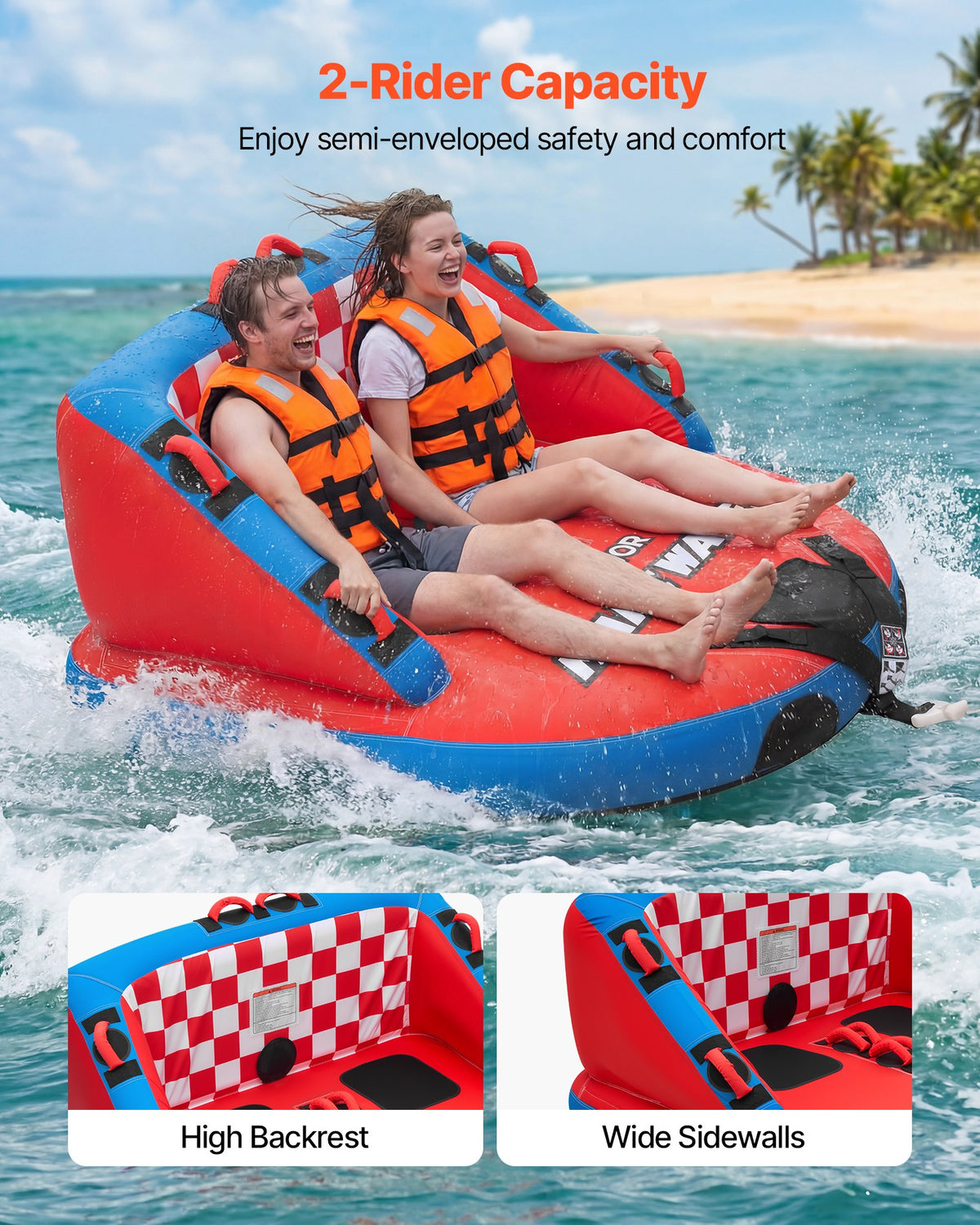 VEVOR Towable Tubes for Boating, 2-Rider Inflatable Towable Tube for Boat to Pull, 340 lbs Capacity Water Sports Boating Tubes - with Full Nylon Cover, Dual Tow Points, Safety Valve & Padded Handles - CQTL3SFDX2RHKLO80001V0 - view 3