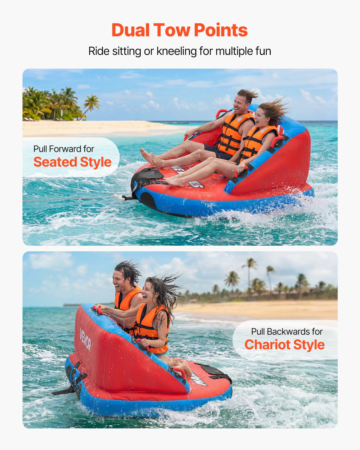 VEVOR Towable Tubes for Boating, 2-Rider Inflatable Towable Tube for Boat to Pull, 340 lbs Capacity Water Sports Boating Tubes - with Full Nylon Cover, Dual Tow Points, Safety Valve & Padded Handles - CQTL3SFDX2RHKLO80001V0 - view 4