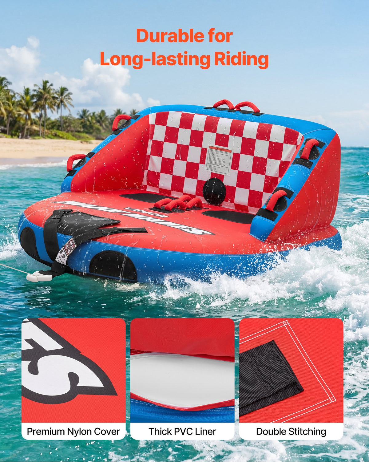 VEVOR Towable Tubes for Boating, 2-Rider Inflatable Towable Tube for Boat to Pull, 340 lbs Capacity Water Sports Boating Tubes - with Full Nylon Cover, Dual Tow Points, Safety Valve & Padded Handles - CQTL3SFDX2RHKLO80001V0 - view 5