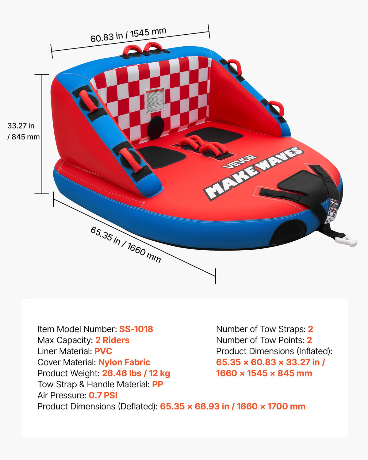 VEVOR Towable Tubes for Boating, 2-Rider Inflatable Towable Tube for Boat to Pull, 340 lbs Capacity Water Sports Boating Tubes - with Full Nylon Cover, Dual Tow Points, Safety Valve & Padded Handles - CQTL3SFDX2RHKLO80001V0 - view 8