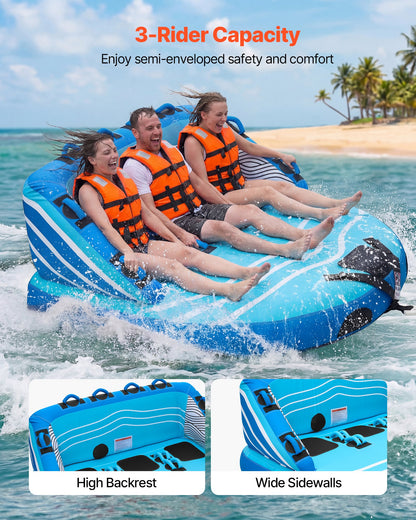 VEVOR Towable Tubes for Boating, 3-Rider Inflatable Towable Tube for Boat to Pull, 510 lbs Capacity Water Sports Boating Tubes - with Full Nylon Cover, Dual Tow Points, Safety Valve & Padded Handles - CQTL3SFDX3RLLM38P001V0 - view 3