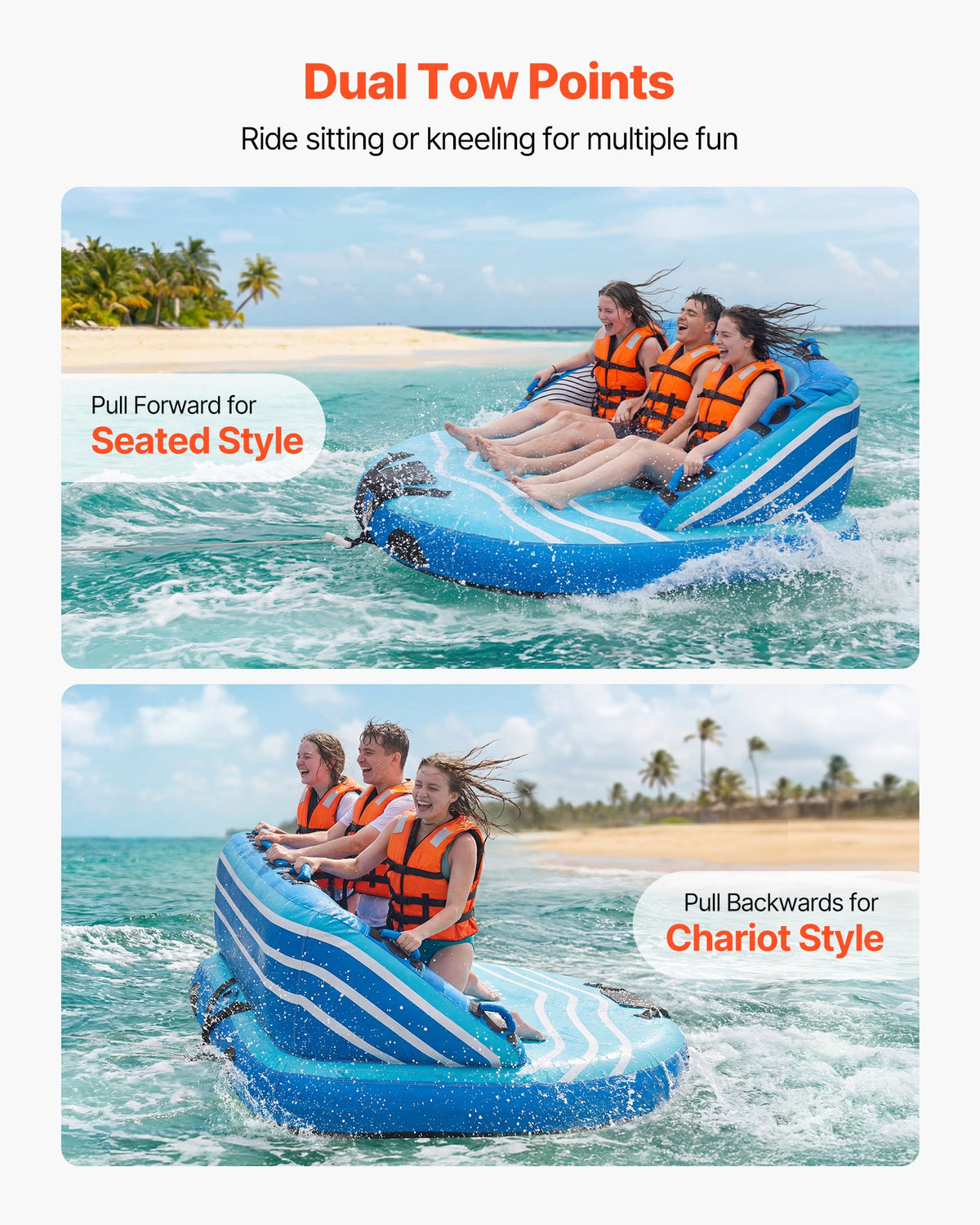 VEVOR Towable Tubes for Boating, 3-Rider Inflatable Towable Tube for Boat to Pull, 510 lbs Capacity Water Sports Boating Tubes - with Full Nylon Cover, Dual Tow Points, Safety Valve & Padded Handles - CQTL3SFDX3RLLM38P001V0 - view 4