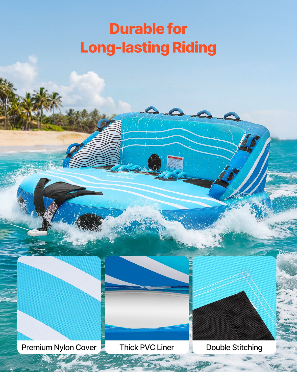 VEVOR Towable Tubes for Boating, 3-Rider Inflatable Towable Tube for Boat to Pull, 510 lbs Capacity Water Sports Boating Tubes - with Full Nylon Cover, Dual Tow Points, Safety Valve & Padded Handles - CQTL3SFDX3RLLM38P001V0 - view 5