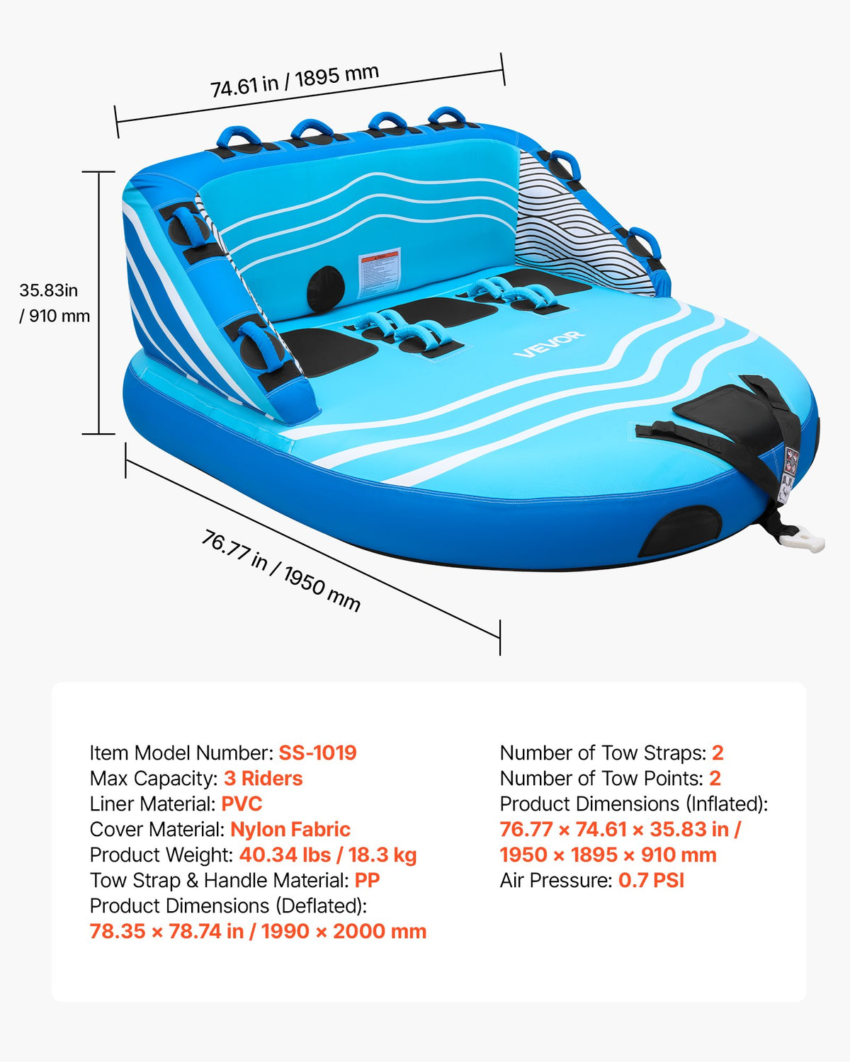 VEVOR Towable Tubes for Boating, 3-Rider Inflatable Towable Tube for Boat to Pull, 510 lbs Capacity Water Sports Boating Tubes - with Full Nylon Cover, Dual Tow Points, Safety Valve & Padded Handles - CQTL3SFDX3RLLM38P001V0 - view 8