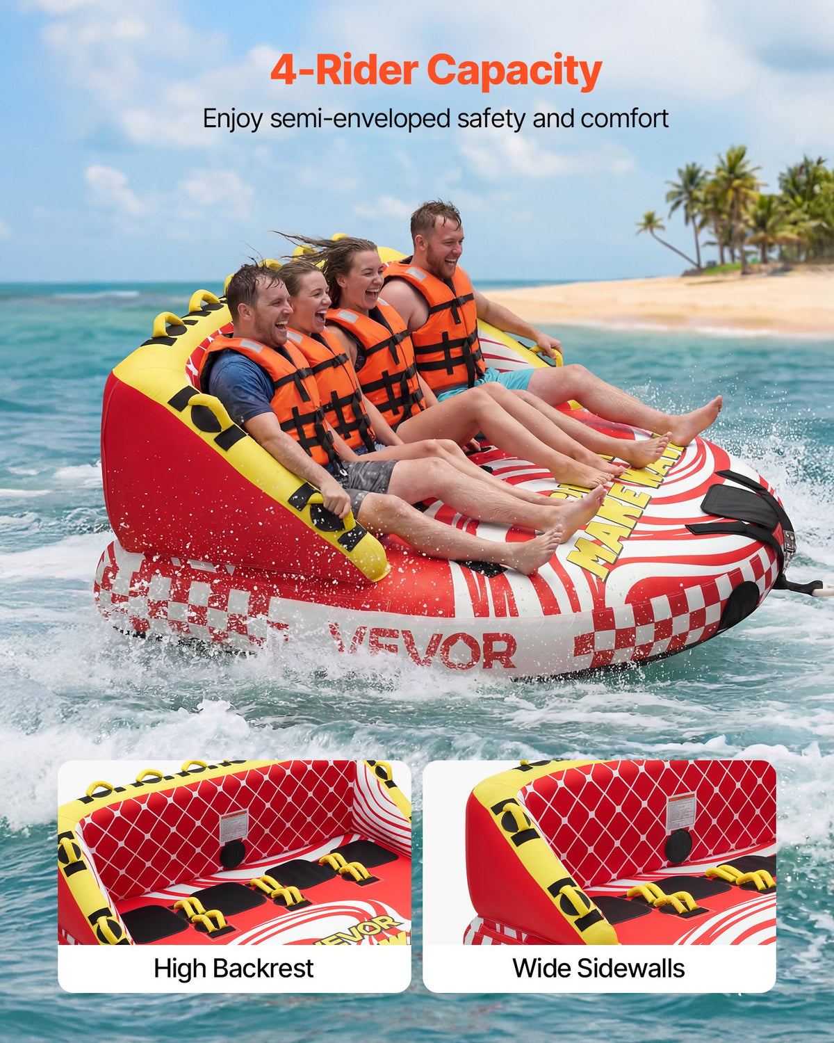 VEVOR Towable Tubes for Boating, 4-Rider Inflatable Towable Tube for Boat to Pull, 680 lbs Capacity Water Sports Boating Tubes - with Full Nylon Cover, Dual Tow Points, Safety Valve & Padded Handles - CQTL3SFDX4RHR6NH2001V0 - view 3