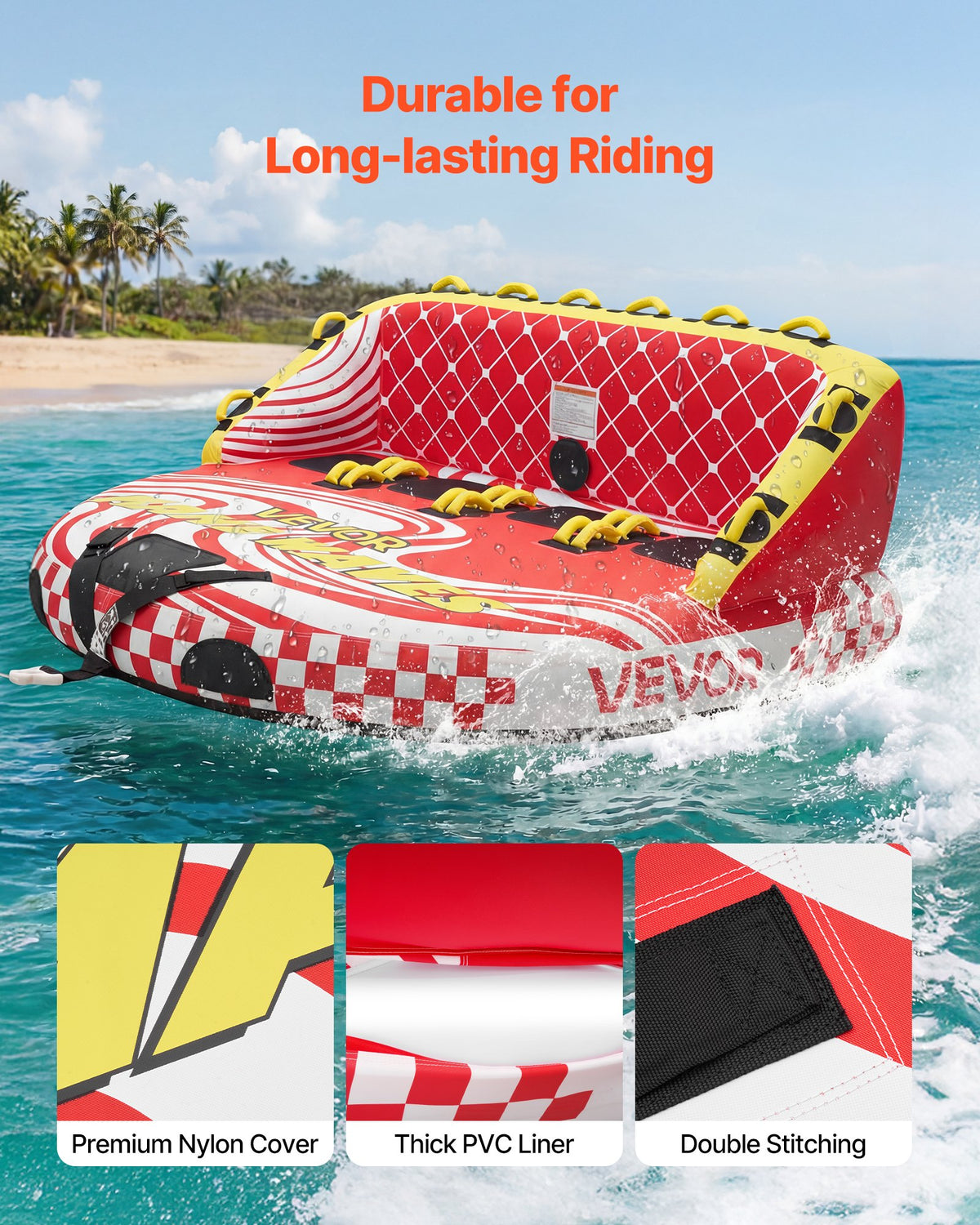VEVOR Towable Tubes for Boating, 4-Rider Inflatable Towable Tube for Boat to Pull, 680 lbs Capacity Water Sports Boating Tubes - with Full Nylon Cover, Dual Tow Points, Safety Valve & Padded Handles - CQTL3SFDX4RHR6NH2001V0 - view 5