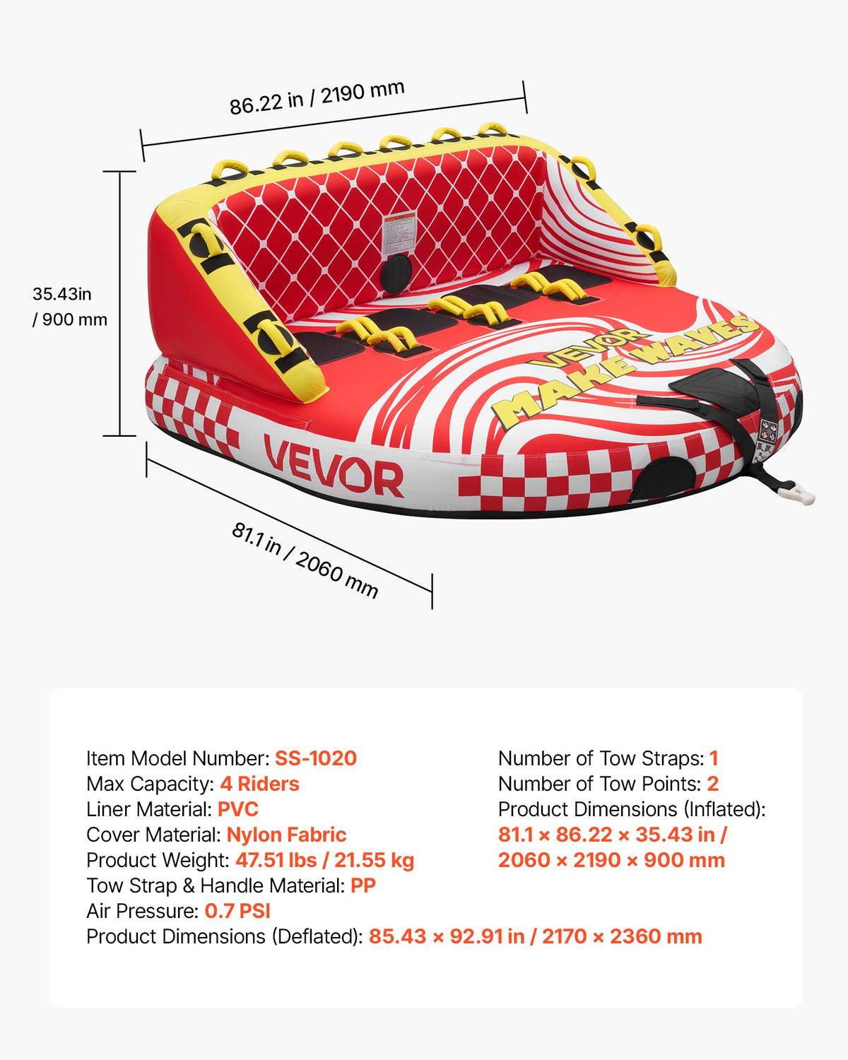 VEVOR Towable Tubes for Boating, 4-Rider Inflatable Towable Tube for Boat to Pull, 680 lbs Capacity Water Sports Boating Tubes - with Full Nylon Cover, Dual Tow Points, Safety Valve & Padded Handles - CQTL3SFDX4RHR6NH2001V0 - view 8