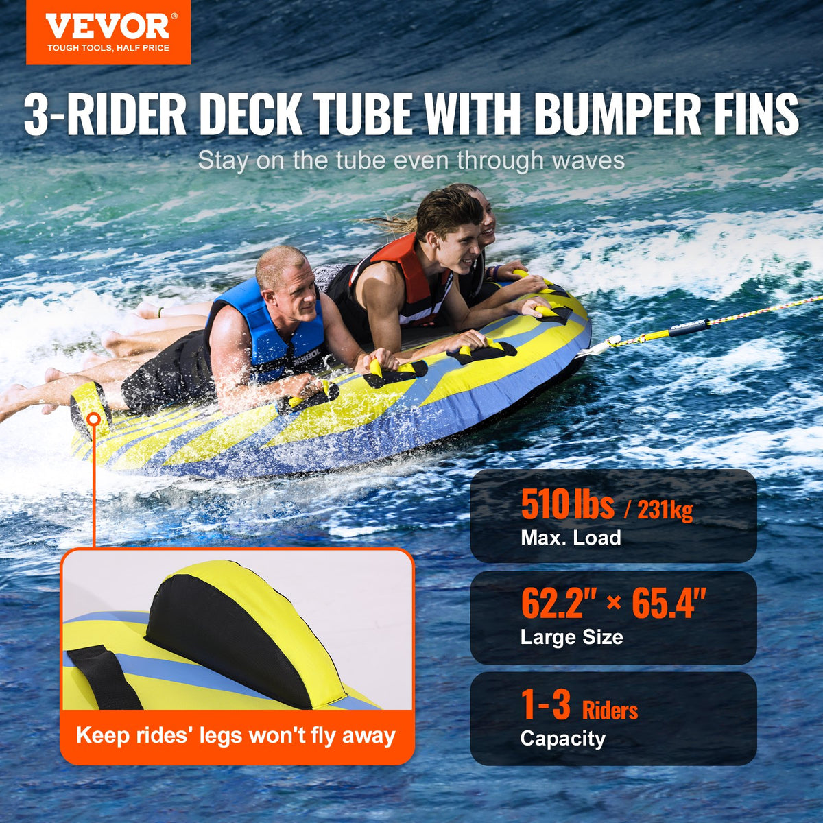 VEVOR Towable Tube for Boating, 1-3 Riders Inflatable Towable Tube with Bumper Fins, 510 lbs Water Sport Towable Tubes for Boats to Pull, Full Nylon Cover, EVA Grab Handles and Speed Safety Valve - CQTLPDDX3R009ZIE2V0 - view 3
