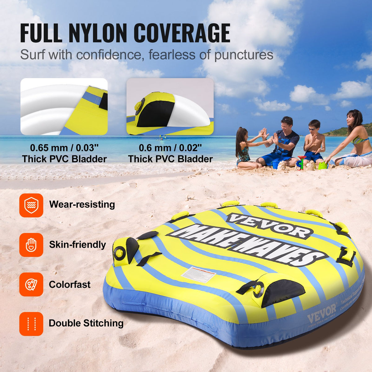 VEVOR Towable Tube for Boating, 1-3 Riders Inflatable Towable Tube with Bumper Fins, 510 lbs Water Sport Towable Tubes for Boats to Pull, Full Nylon Cover, EVA Grab Handles and Speed Safety Valve - CQTLPDDX3R009ZIE2V0 - view 4
