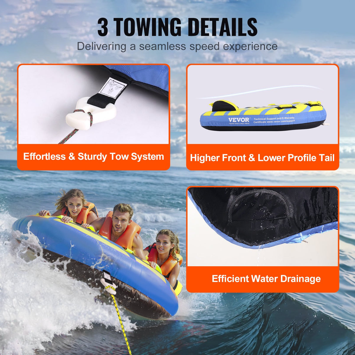 VEVOR Towable Tube for Boating, 1-3 Riders Inflatable Towable Tube with Bumper Fins, 510 lbs Water Sport Towable Tubes for Boats to Pull, Full Nylon Cover, EVA Grab Handles and Speed Safety Valve - CQTLPDDX3R009ZIE2V0 - view 7