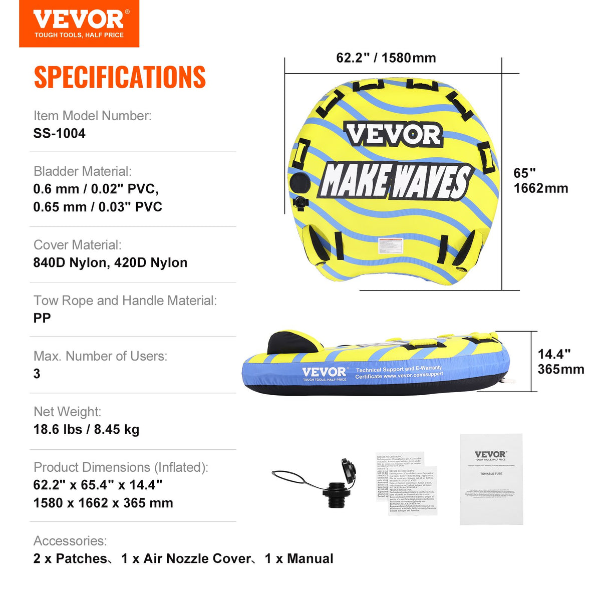 VEVOR Towable Tube for Boating, 1-3 Riders Inflatable Towable Tube with Bumper Fins, 510 lbs Water Sport Towable Tubes for Boats to Pull, Full Nylon Cover, EVA Grab Handles and Speed Safety Valve - CQTLPDDX3R009ZIE2V0 - view 8