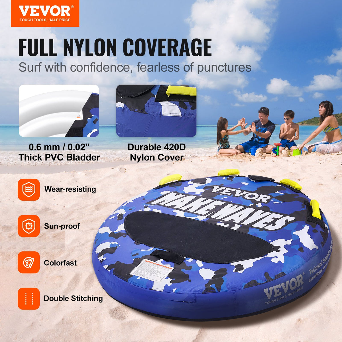 VEVOR Towable Tube for Boating, 340 lbs, 1-2 Riders Inflatable Boat Tubes and Towables, 51.8" Round Water Sport Towable Tube for Boat to Pull, Full Nylon Cover, EVA Grab Handles and Speed Safety Valve - CQTLPDYX2R00WRC12V0 - view 3